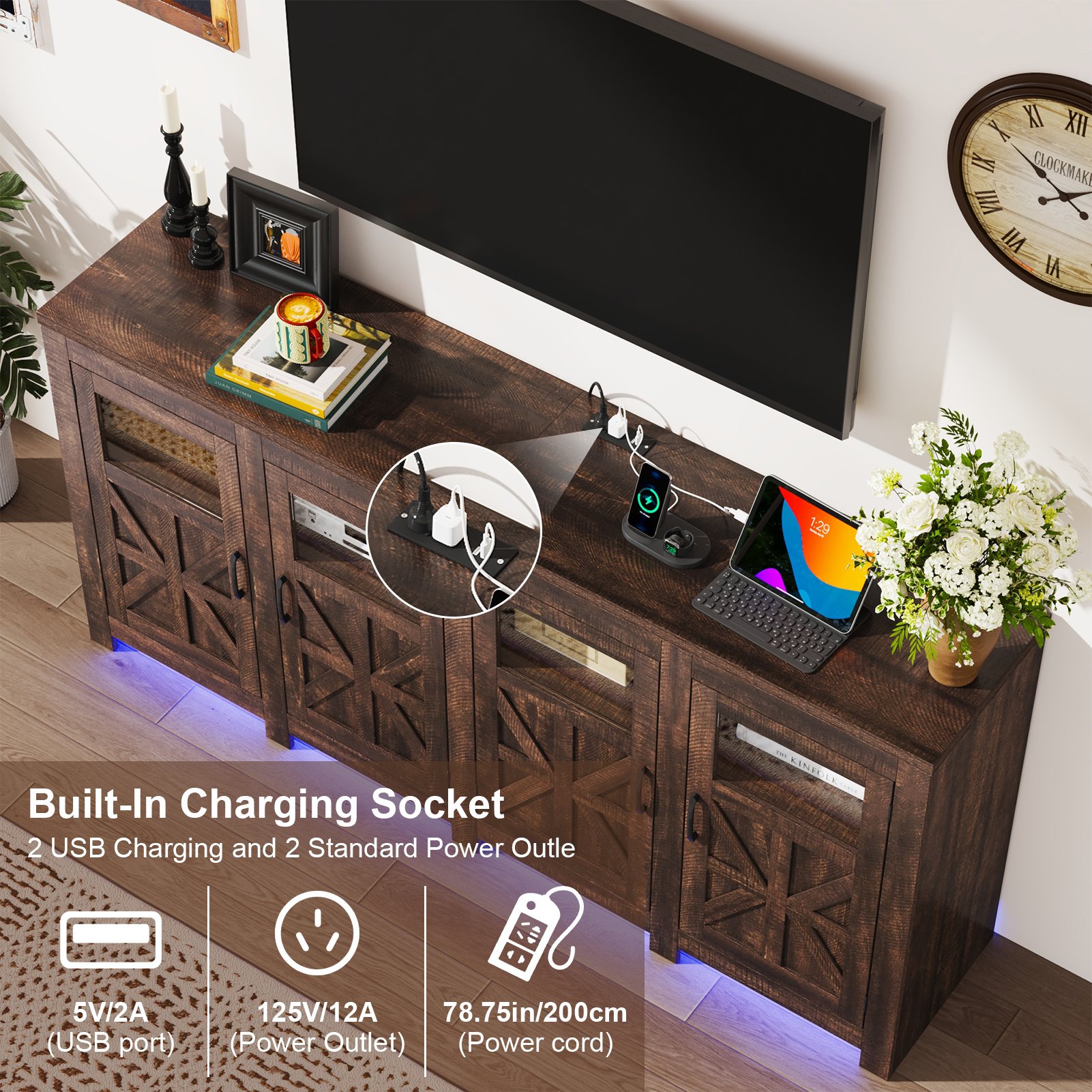 ChVans LED Farmhouse TV stand for up to 85" TVs with Power Outlet, 74" Large Entertainment Center Console Table, 33.5" Tall Rustic Media Console w/Storage Shelves for Living Room