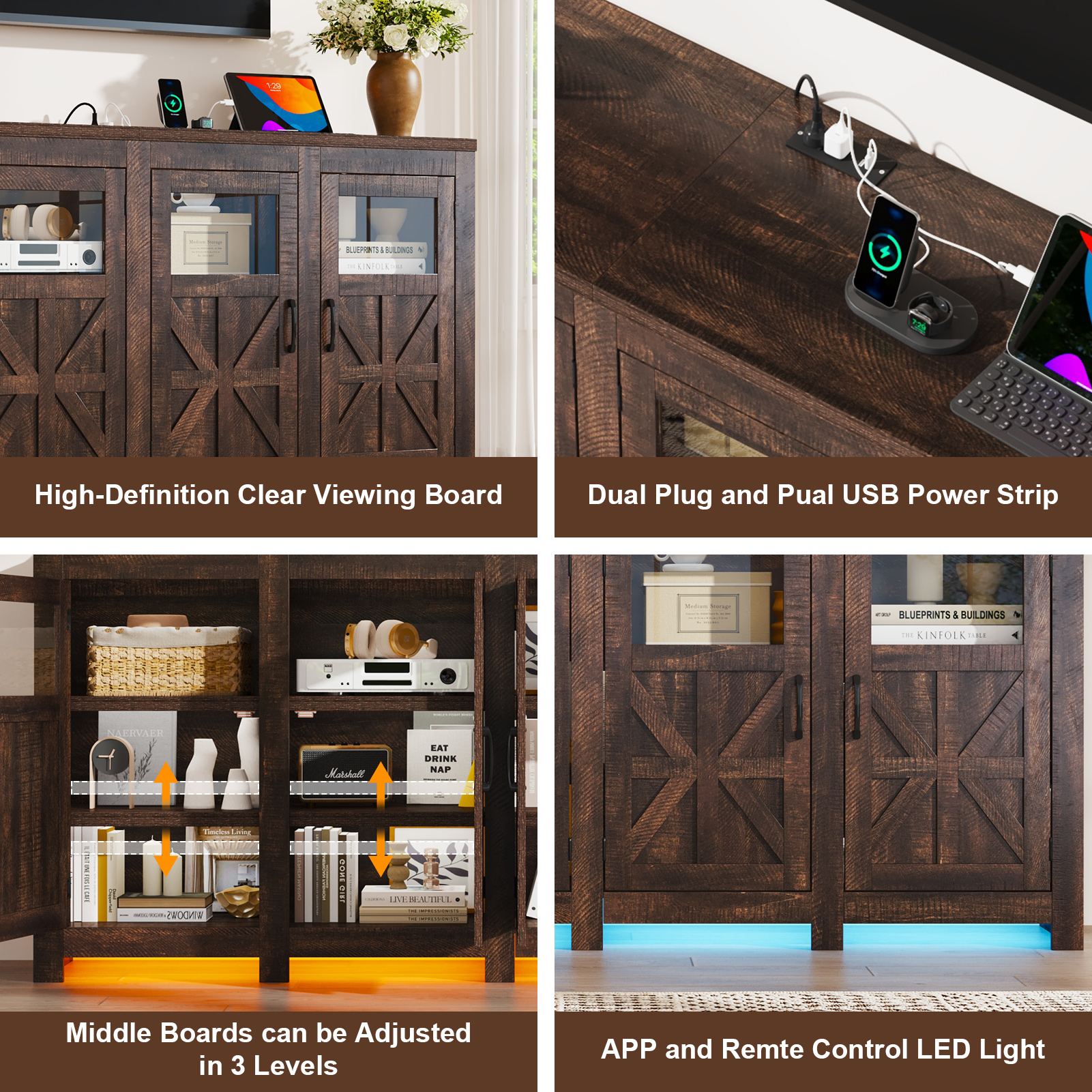 ChVans LED Farmhouse TV stand for up to 85" TVs with Power Outlet, 74" Large Entertainment Center Console Table, 33.5" Tall Rustic Media Console w/Storage Shelves for Living Room