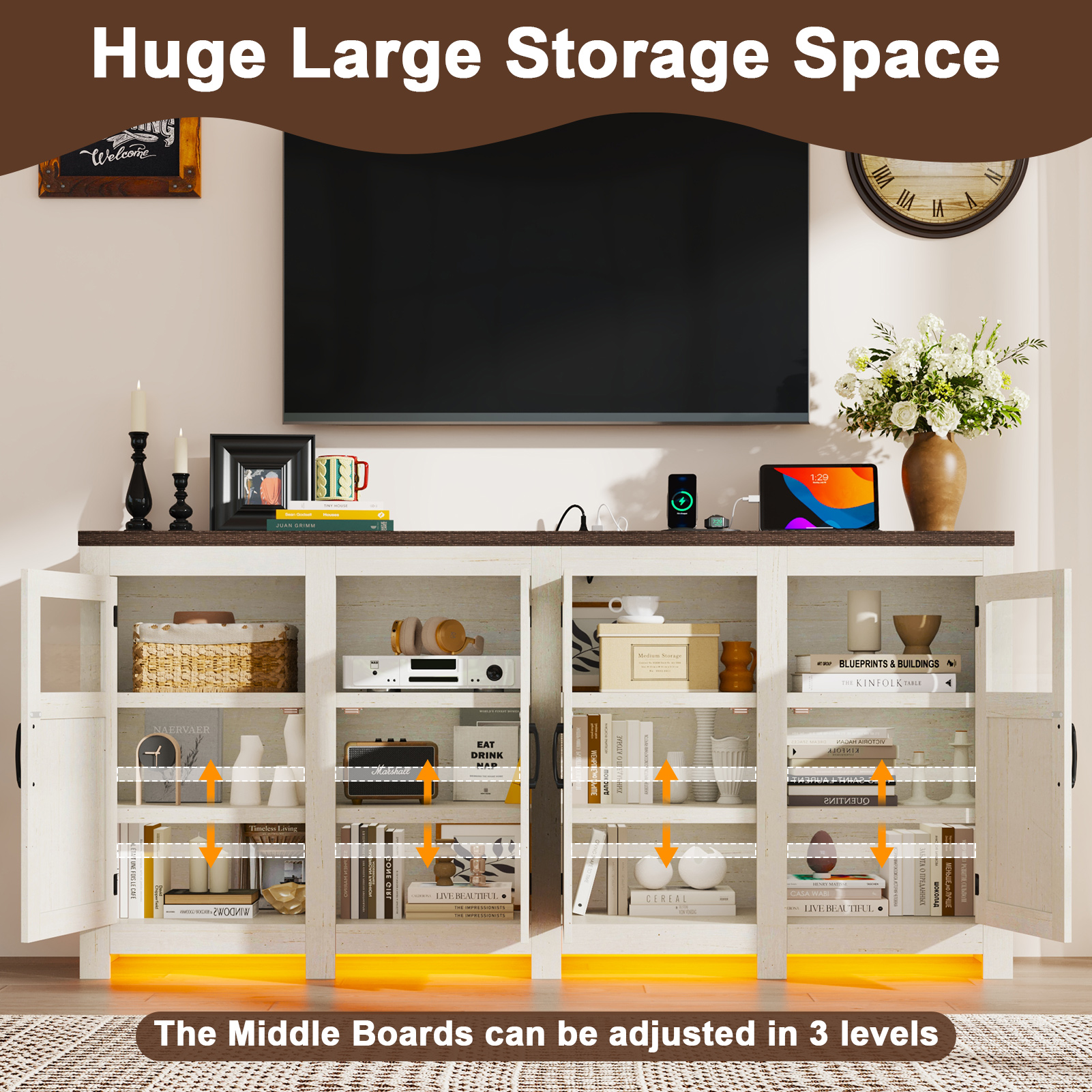 ChVans LED Farmhouse TV stand for up to 85" TVs with Power Outlet, 74" Large Entertainment Center Console Table, 33.5" Tall Rustic Media Console w/Storage Shelves for Living Room