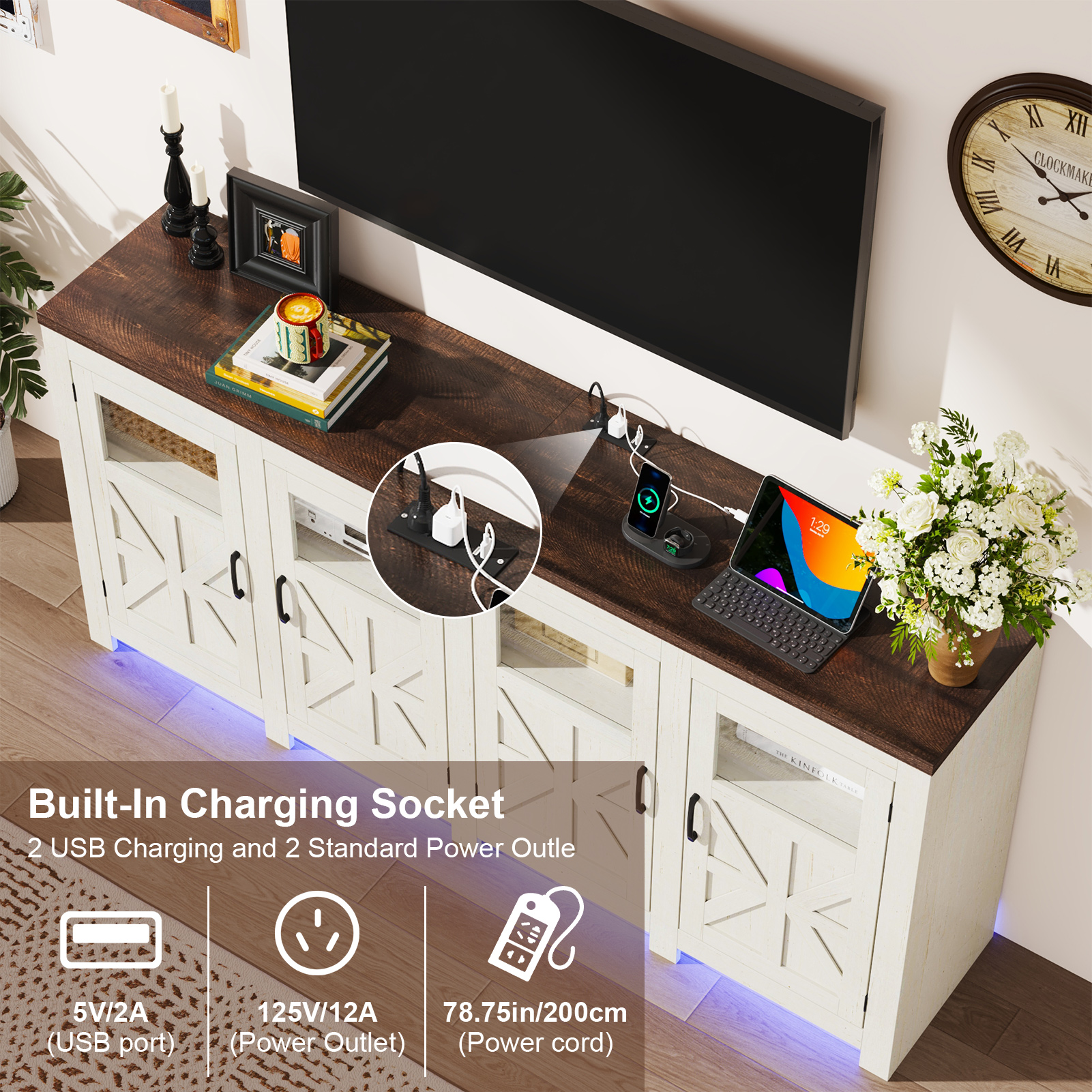 ChVans LED Farmhouse TV stand for up to 85" TVs with Power Outlet, 74" Large Entertainment Center Console Table, 33.5" Tall Rustic Media Console w/Storage Shelves for Living Room