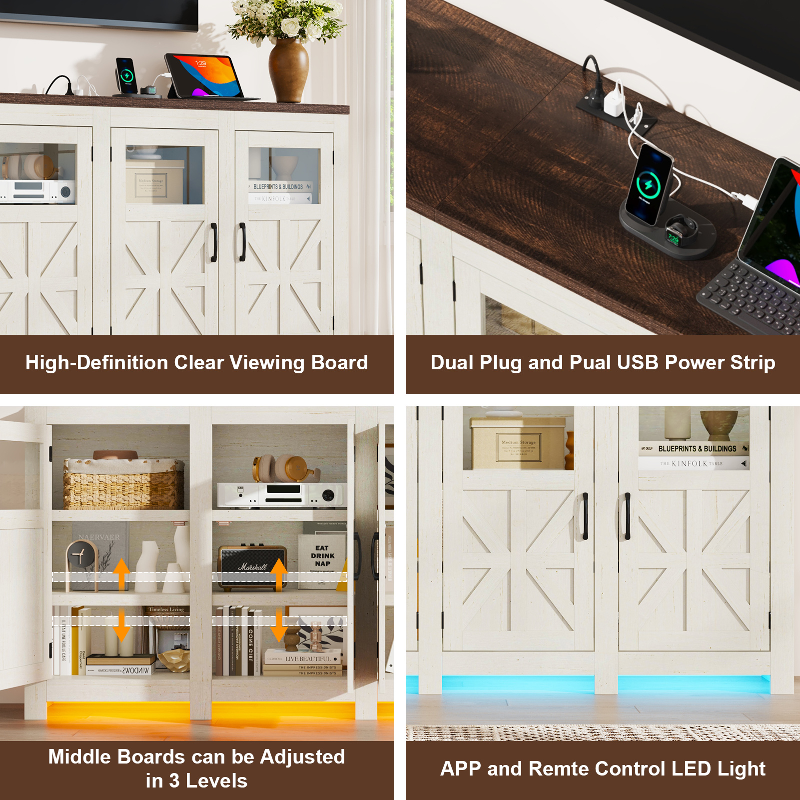 ChVans LED Farmhouse TV stand for up to 85" TVs with Power Outlet, 74" Large Entertainment Center Console Table, 33.5" Tall Rustic Media Console w/Storage Shelves for Living Room