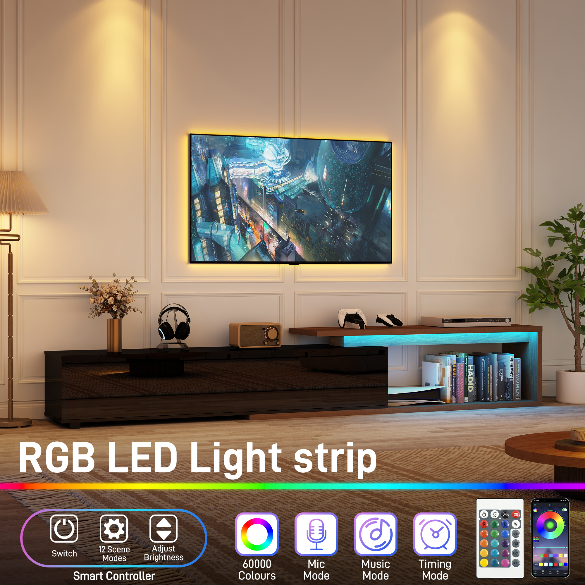 ANPOO Extendable TV Stand Cabinet with Drawers & LED Light, High Gloss Modern Minimalist Entertainment Center for Up to 120" TV, Reversible Extra Long TV Media Console