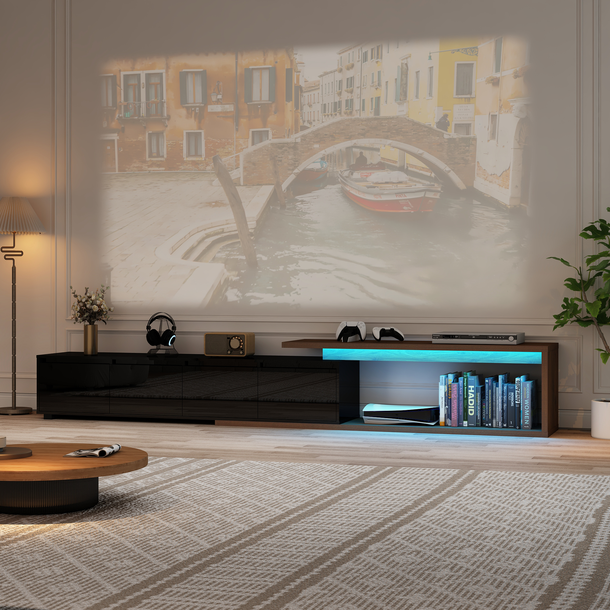 ANPOO Extendable TV Stand Cabinet with Drawers & LED Light, High Gloss Modern Minimalist Entertainment Center for Up to 120" TV, Reversible Extra Long TV Media Console