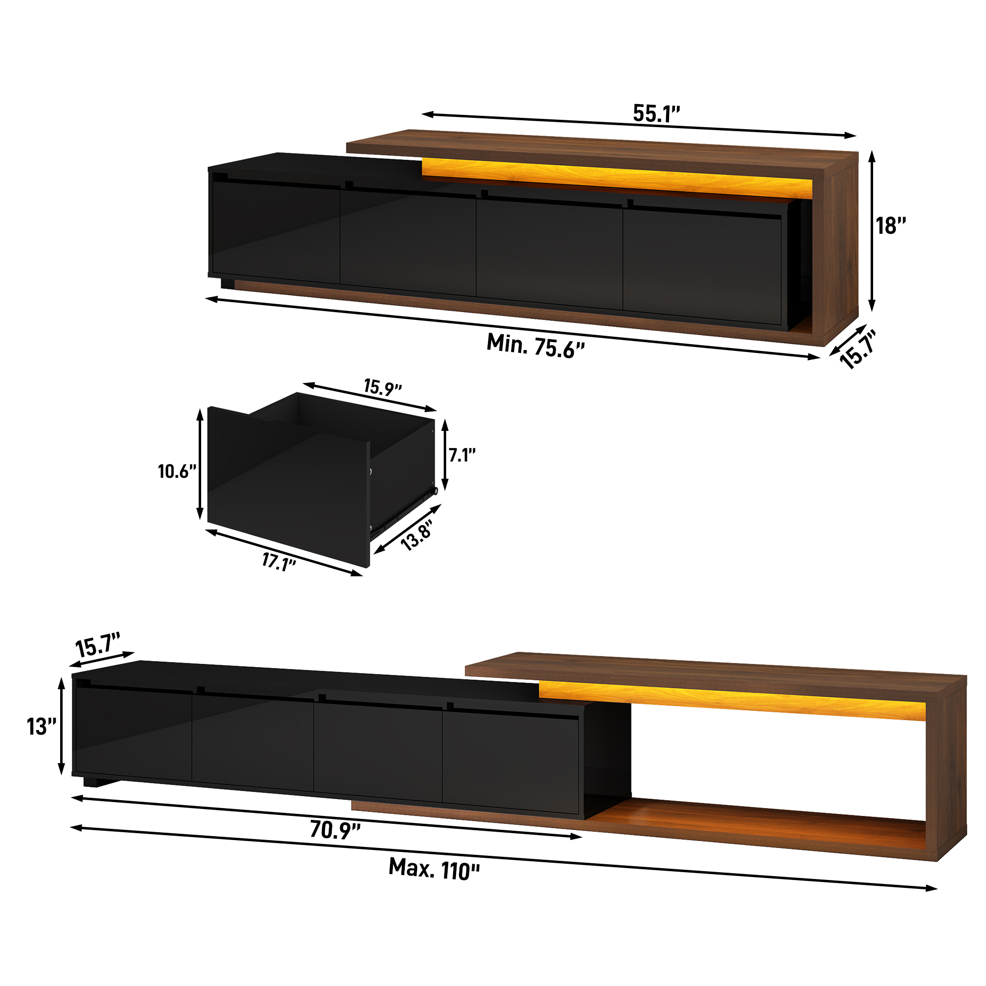 ANPOO Extendable TV Stand Cabinet with Drawers & LED Light, High Gloss Modern Minimalist Entertainment Center for Up to 120" TV, Reversible Extra Long TV Media Console