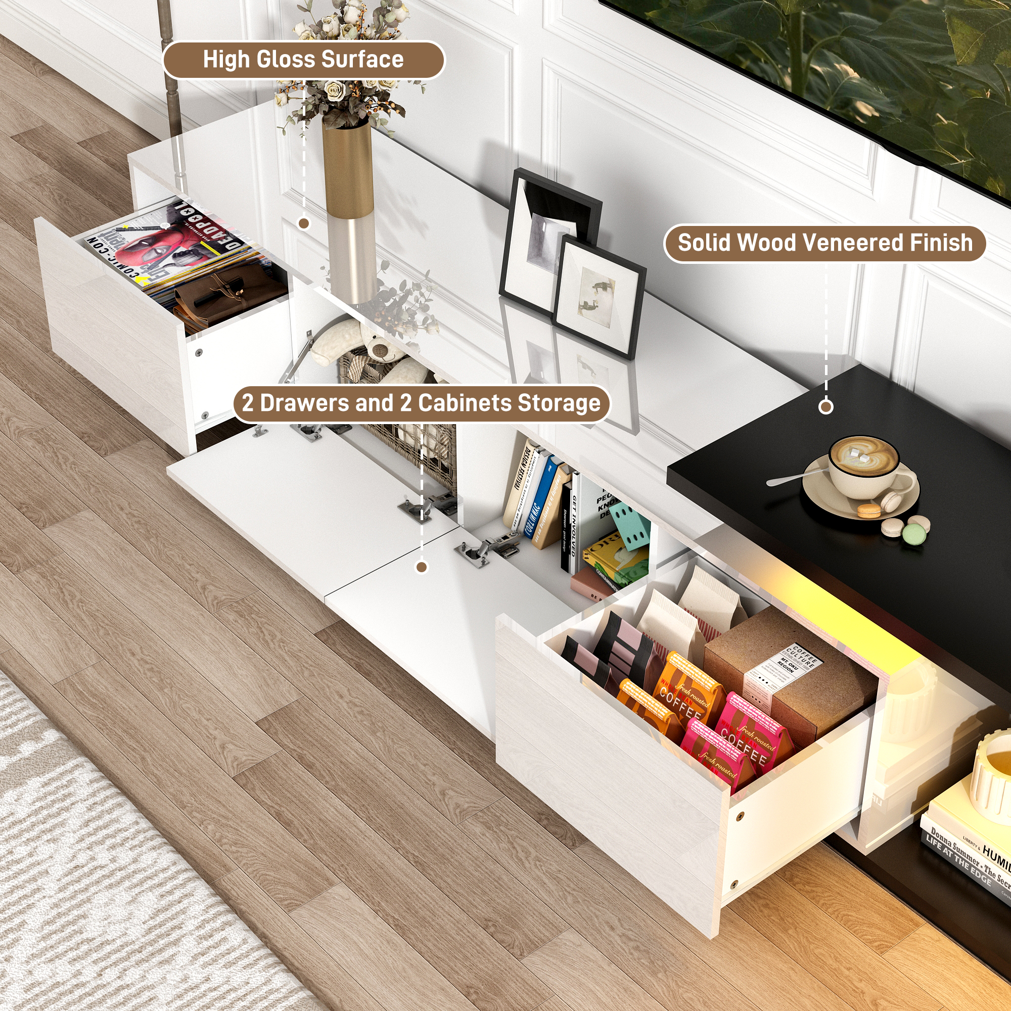 ANPOO Extendable TV Stand Cabinet with Drawers & LED Light, High Gloss Modern Minimalist Entertainment Center for Up to 120" TV, Reversible Extra Long TV Media Console