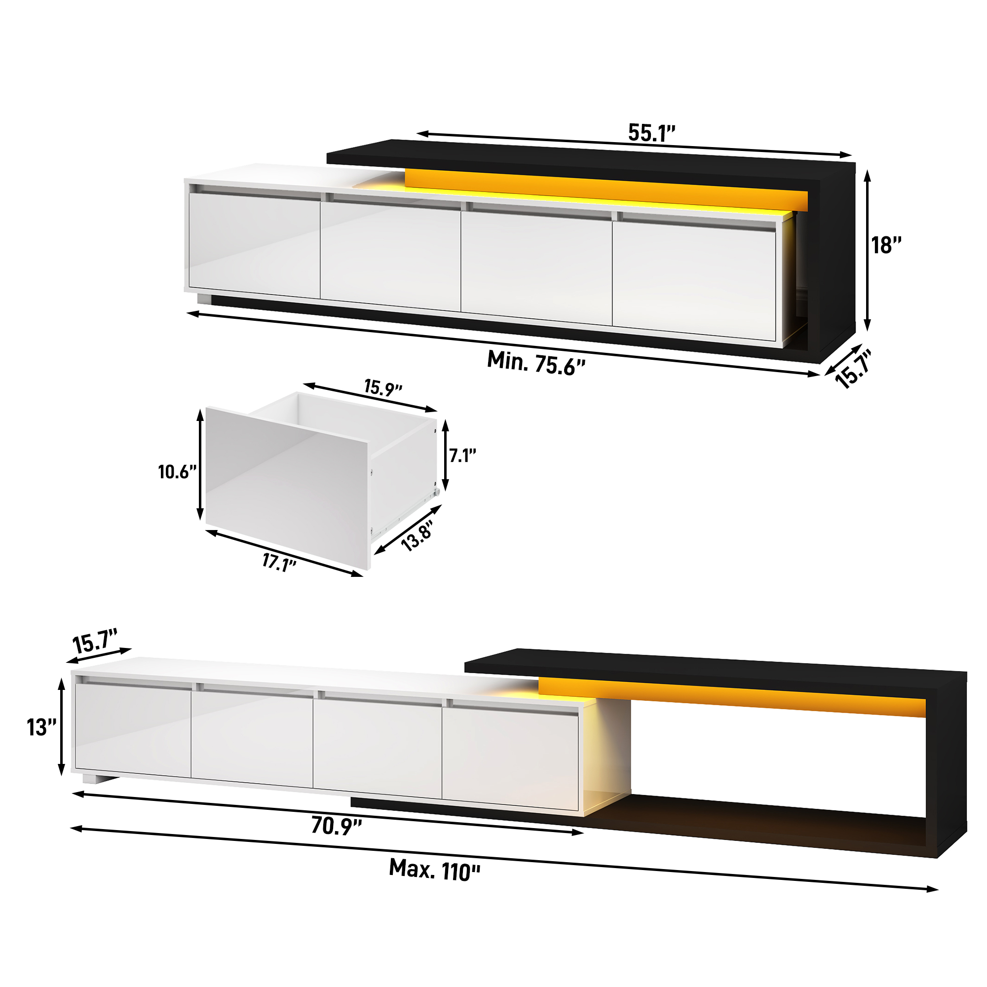 ANPOO Extendable TV Stand Cabinet with Drawers & LED Light, High Gloss Modern Minimalist Entertainment Center for Up to 120" TV, Reversible Extra Long TV Media Console