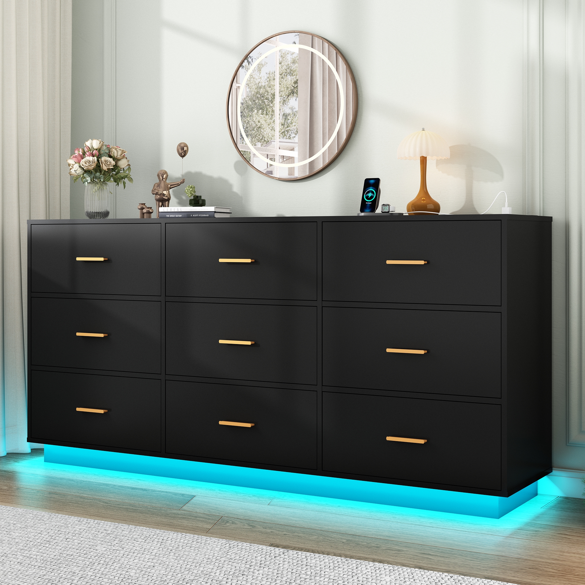 ChVans 9 Drawer Dressers with 60000-color LED Lights & Power Outlet, 63'' Long Modern Chest of Drawers for Closet, Wide Drawer Organizer Cabinet for Bedroom, Living Room, Entryway, Hallway