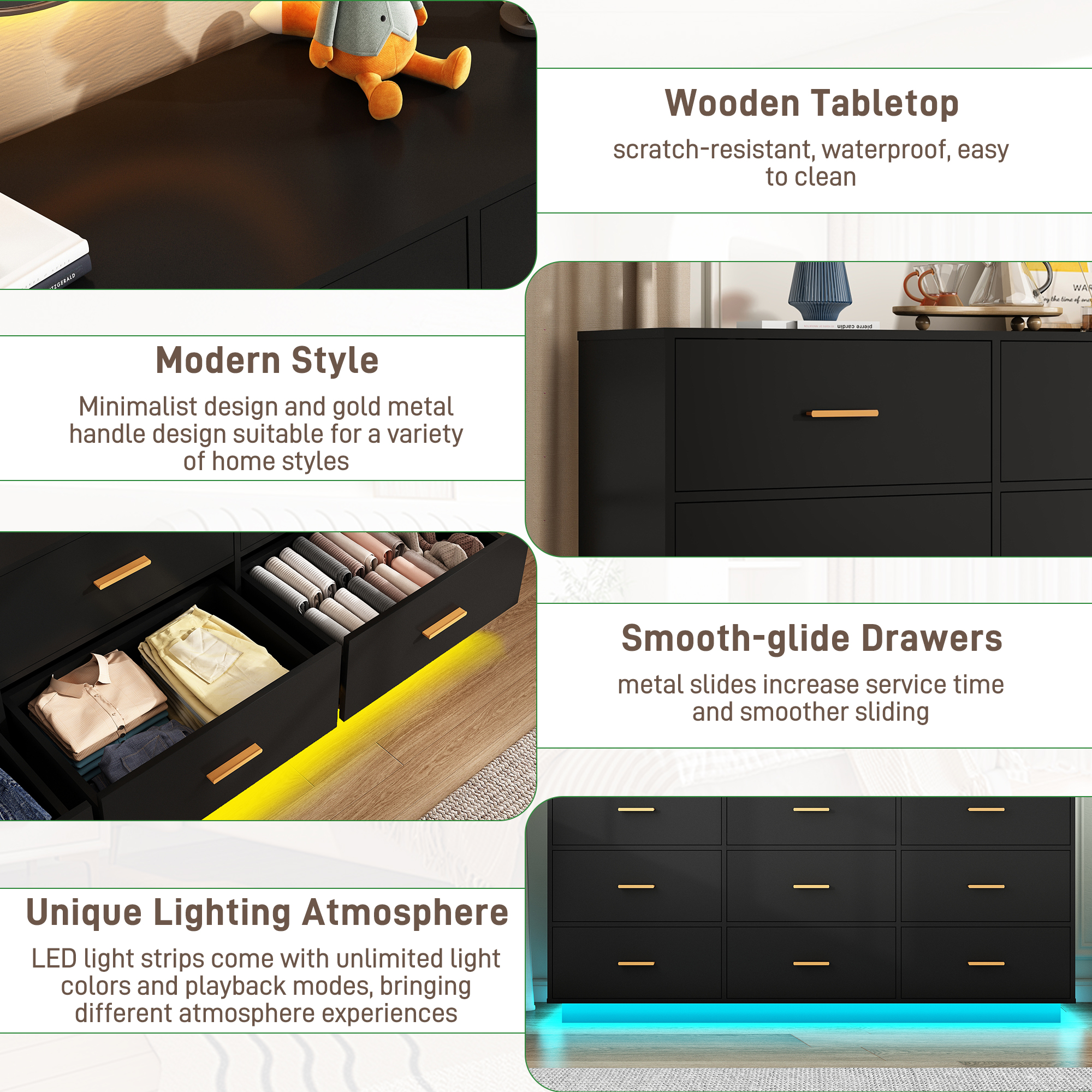 ChVans 9 Drawer Dressers with 60000-color LED Lights & Power Outlet, 63'' Long Modern Chest of Drawers for Closet, Wide Drawer Organizer Cabinet for Bedroom, Living Room, Entryway, Hallway