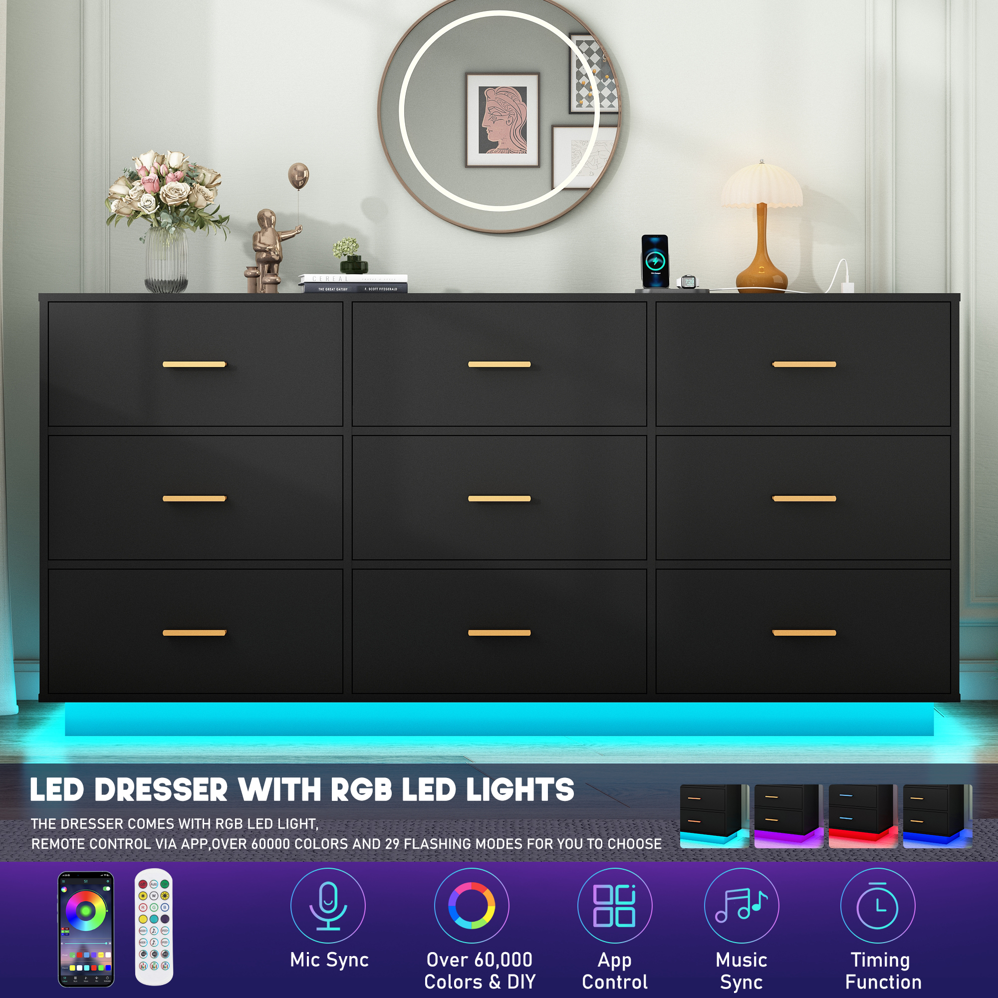 ChVans 9 Drawer Dressers with 60000-color LED Lights & Power Outlet, 63'' Long Modern Chest of Drawers for Closet, Wide Drawer Organizer Cabinet for Bedroom, Living Room, Entryway, Hallway