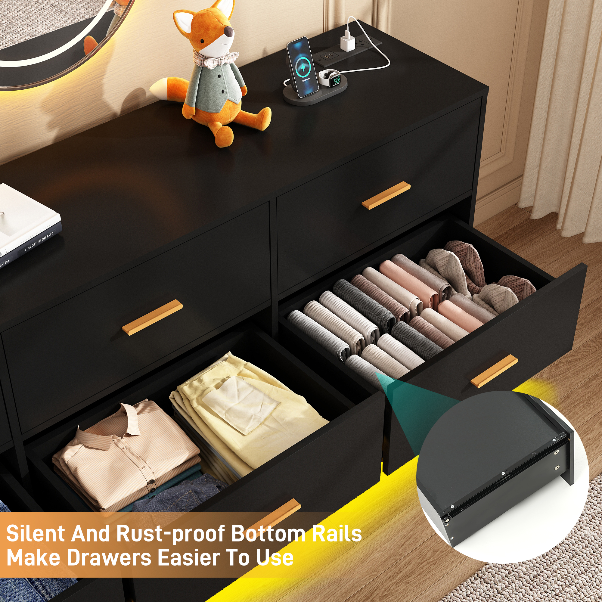 ChVans 9 Drawer Dressers with 60000-color LED Lights & Power Outlet, 63'' Long Modern Chest of Drawers for Closet, Wide Drawer Organizer Cabinet for Bedroom, Living Room, Entryway, Hallway