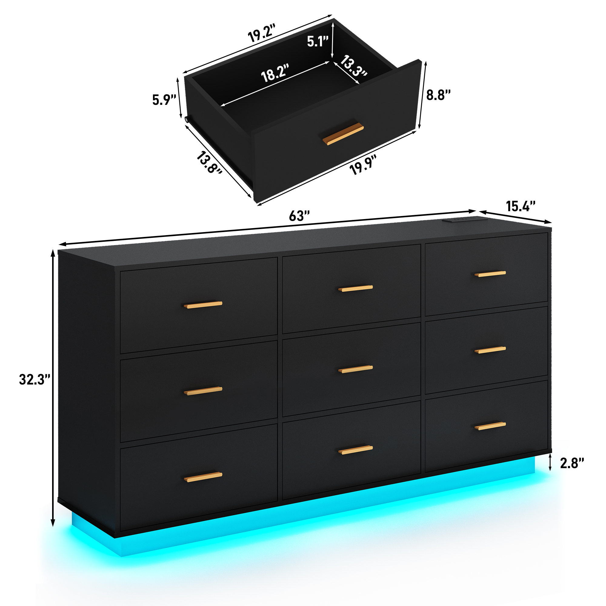 ChVans 9 Drawer Dressers with 60000-color LED Lights & Power Outlet, 63'' Long Modern Chest of Drawers for Closet, Wide Drawer Organizer Cabinet for Bedroom, Living Room, Entryway, Hallway