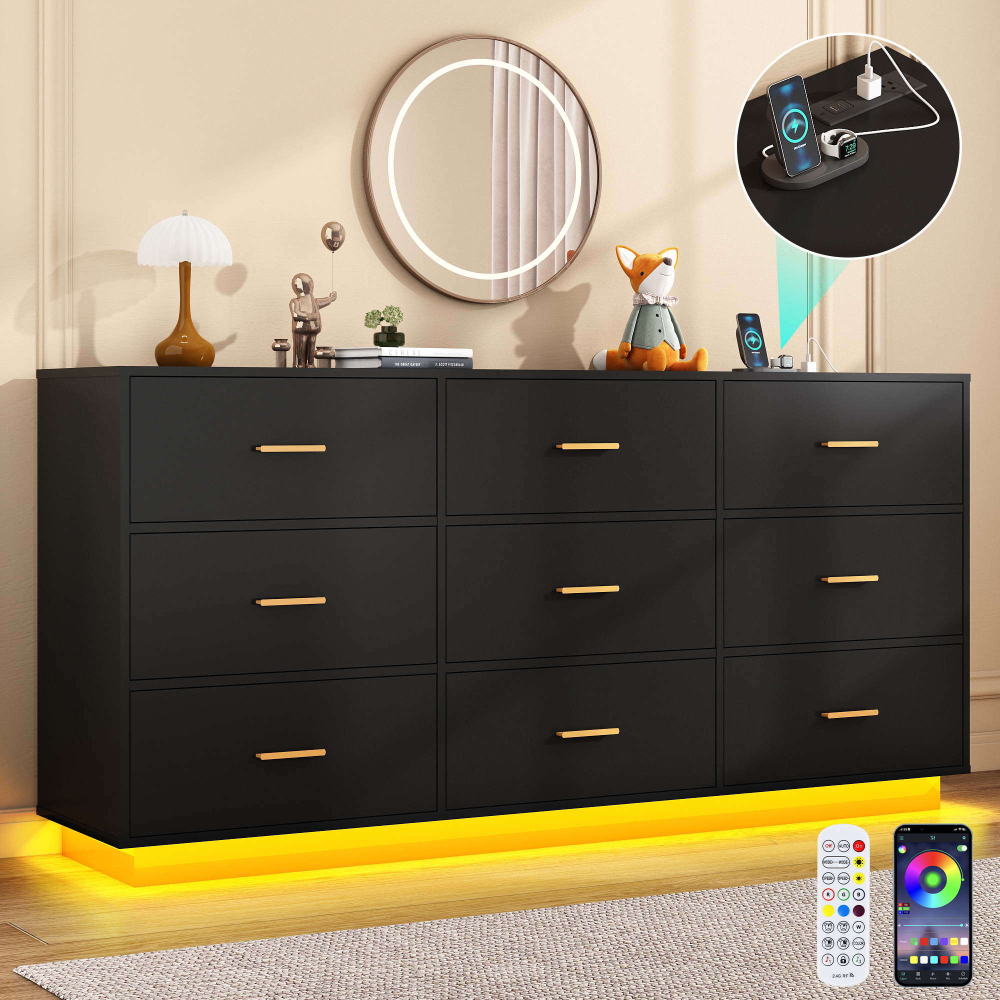 ChVans 9 Drawer Dressers with 60000-color LED Lights & Power Outlet, 63'' Long Modern Chest of Drawers for Closet, Wide Drawer Organizer Cabinet for Bedroom, Living Room, Entryway, Hallway