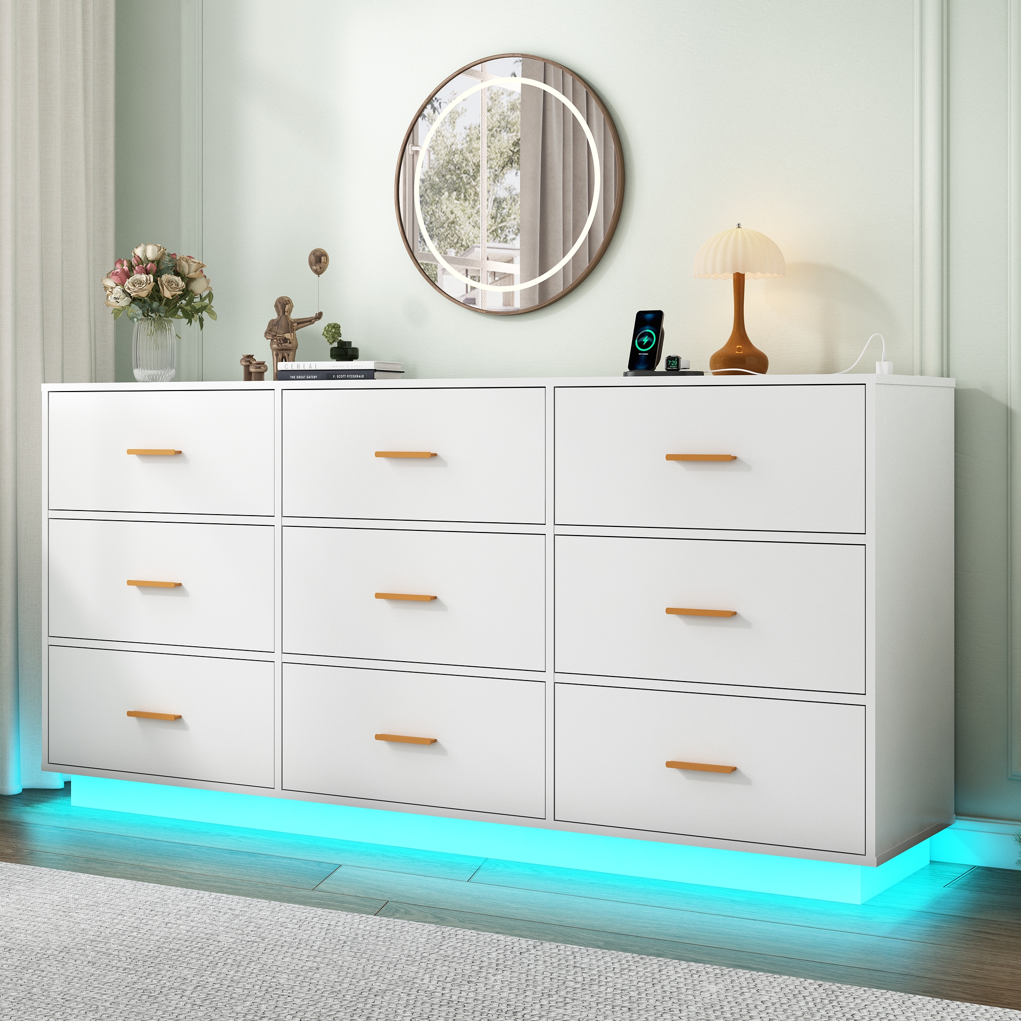 ChVans 9 Drawer Dressers with 60000-color LED Lights & Power Outlet, 63'' Long Modern Chest of Drawers for Closet, Wide Drawer Organizer Cabinet for Bedroom, Living Room, Entryway, Hallway