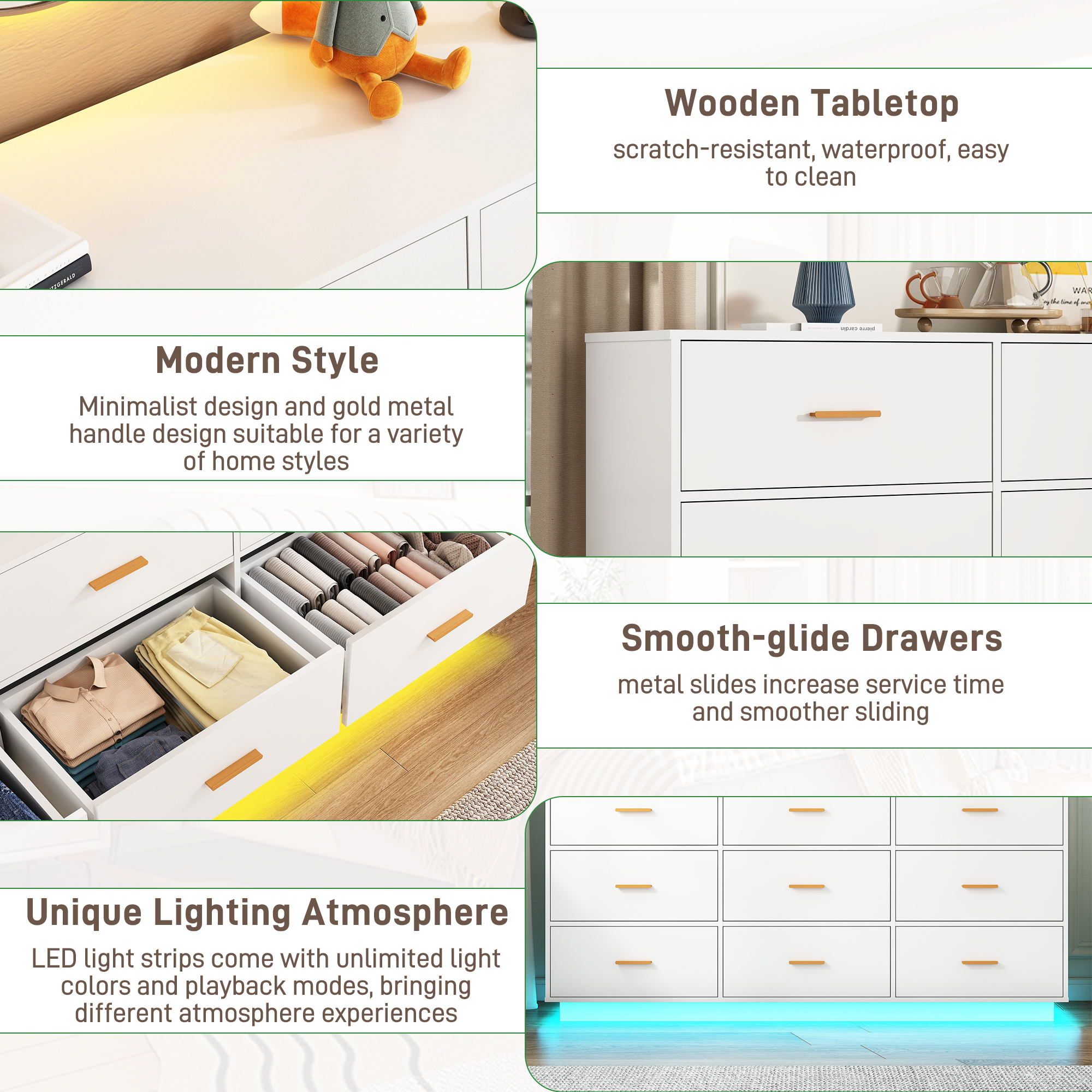 ChVans 9 Drawer Dressers with 60000-color LED Lights & Power Outlet, 63'' Long Modern Chest of Drawers for Closet, Wide Drawer Organizer Cabinet for Bedroom, Living Room, Entryway, Hallway