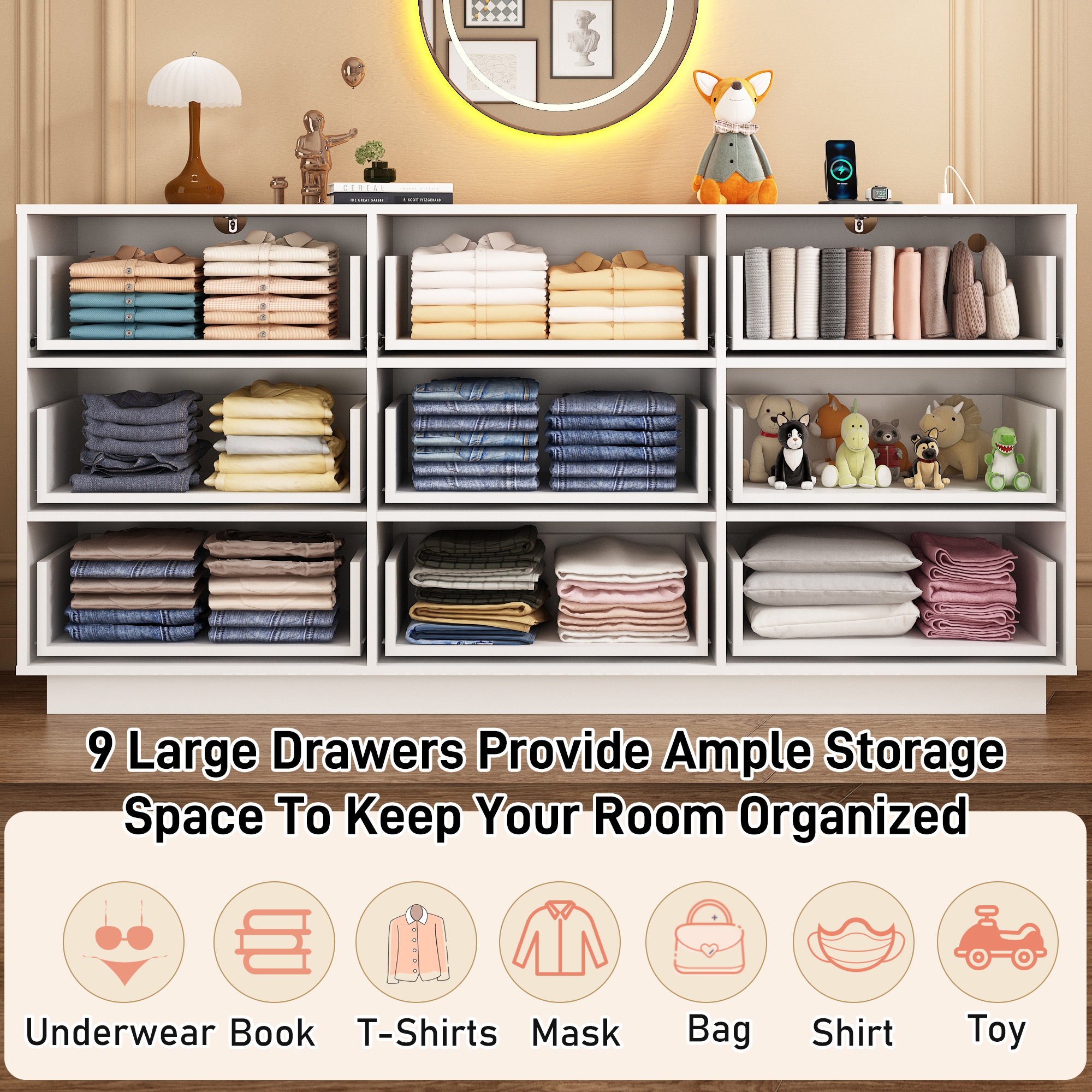 ChVans 9 Drawer Dressers with 60000-color LED Lights & Power Outlet, 63'' Long Modern Chest of Drawers for Closet, Wide Drawer Organizer Cabinet for Bedroom, Living Room, Entryway, Hallway