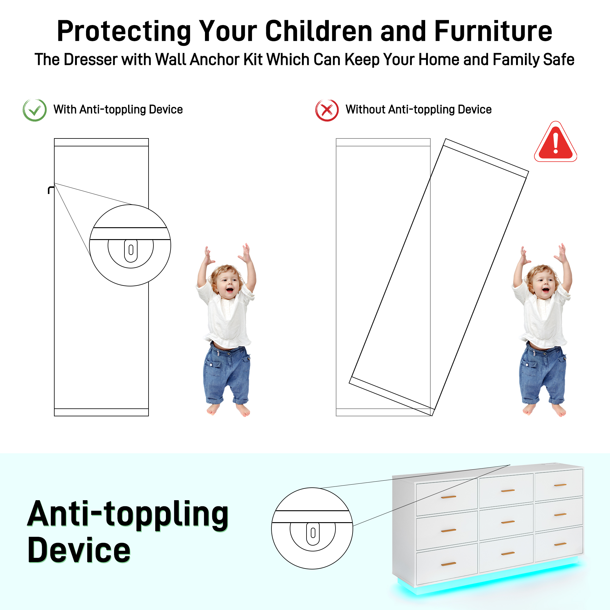 ChVans 9 Drawer Dressers with 60000-color LED Lights & Power Outlet, 63'' Long Modern Chest of Drawers for Closet, Wide Drawer Organizer Cabinet for Bedroom, Living Room, Entryway, Hallway