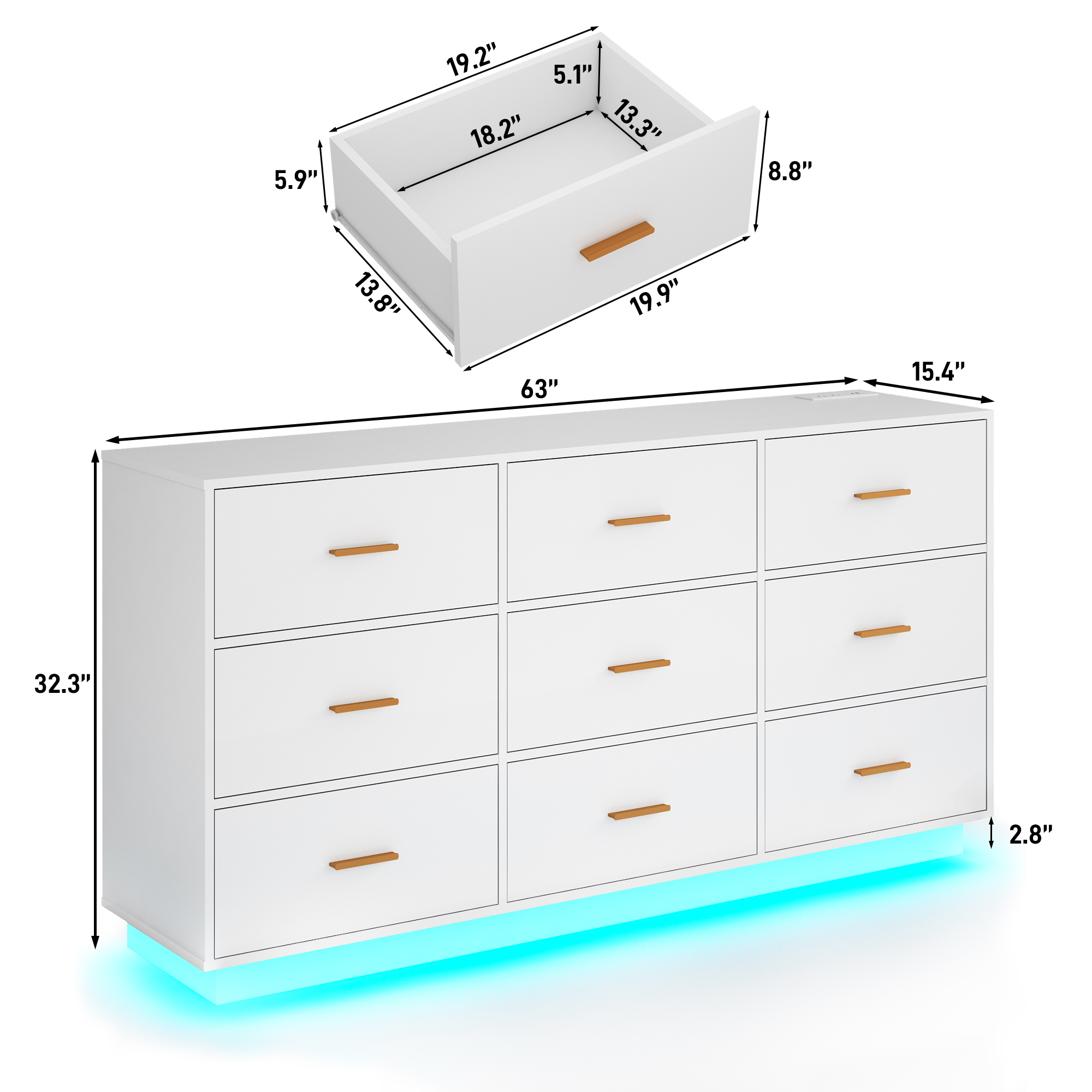 ChVans 9 Drawer Dressers with 60000-color LED Lights & Power Outlet, 63'' Long Modern Chest of Drawers for Closet, Wide Drawer Organizer Cabinet for Bedroom, Living Room, Entryway, Hallway