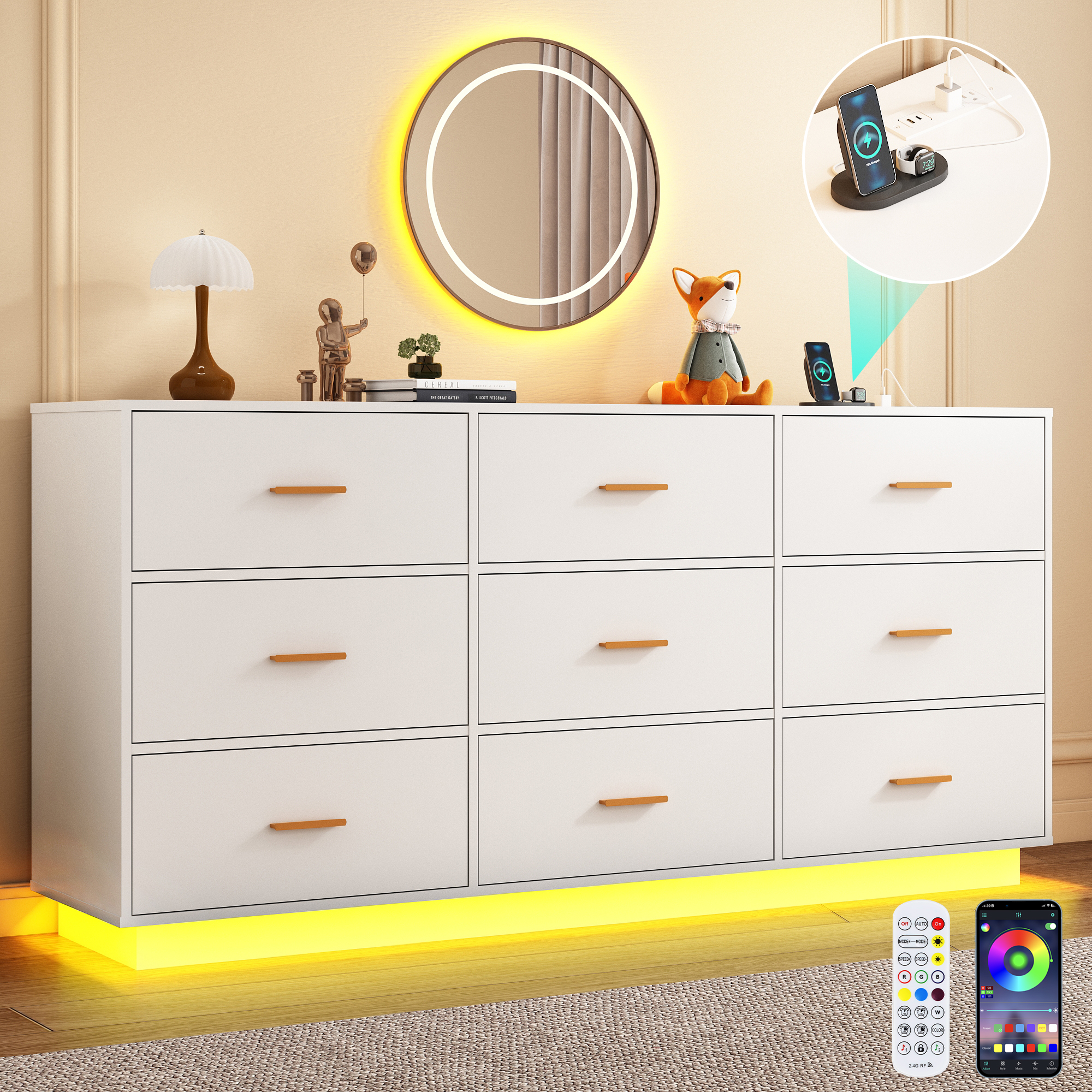 ChVans 9 Drawer Dressers with 60000-color LED Lights & Power Outlet, 63'' Long Modern Chest of Drawers for Closet, Wide Drawer Organizer Cabinet for Bedroom, Living Room, Entryway, Hallway