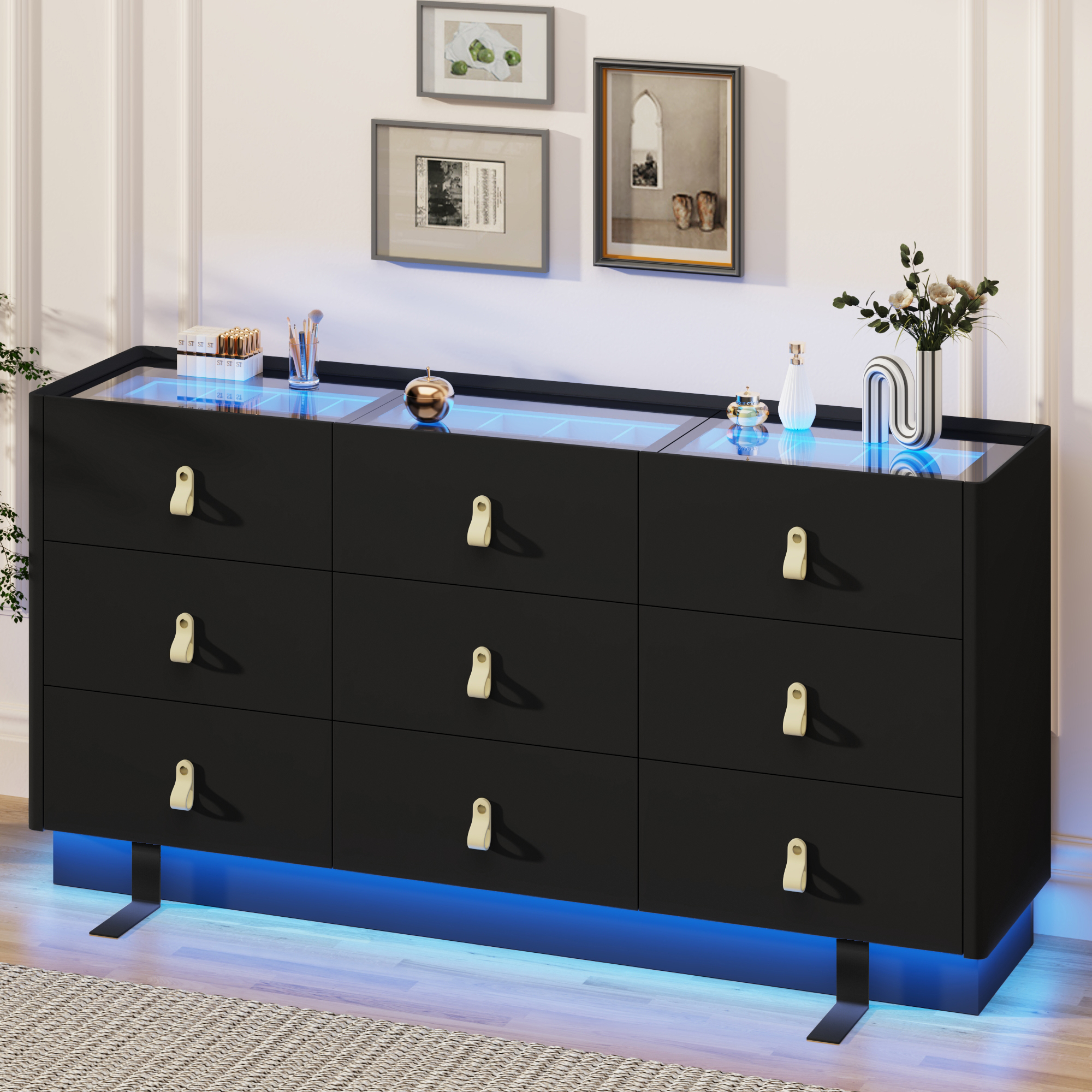 ChVans 63" Large LED Dresser with Glass Top, Jewelry Closet Island, 9 Drawer Dresser for Bedroom, Long Modern Chest of Drawers, Wide Drawer Organizer Cabinet