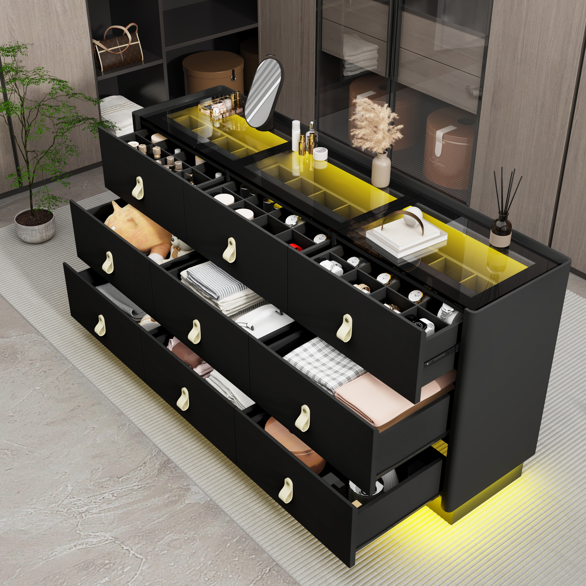 ChVans 63" Large LED Dresser with Glass Top, Jewelry Closet Island, 9 Drawer Dresser for Bedroom, Long Modern Chest of Drawers, Wide Drawer Organizer Cabinet