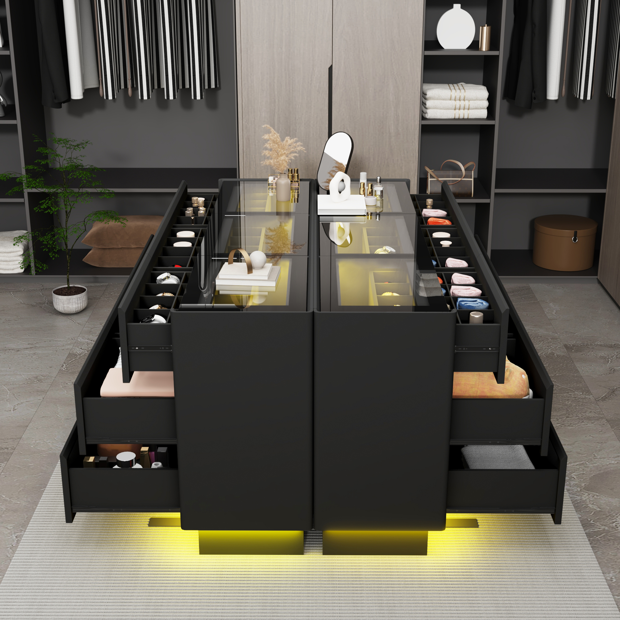 ChVans 63" Large LED Dresser with Glass Top, Jewelry Closet Island, 9 Drawer Dresser for Bedroom, Long Modern Chest of Drawers, Wide Drawer Organizer Cabinet