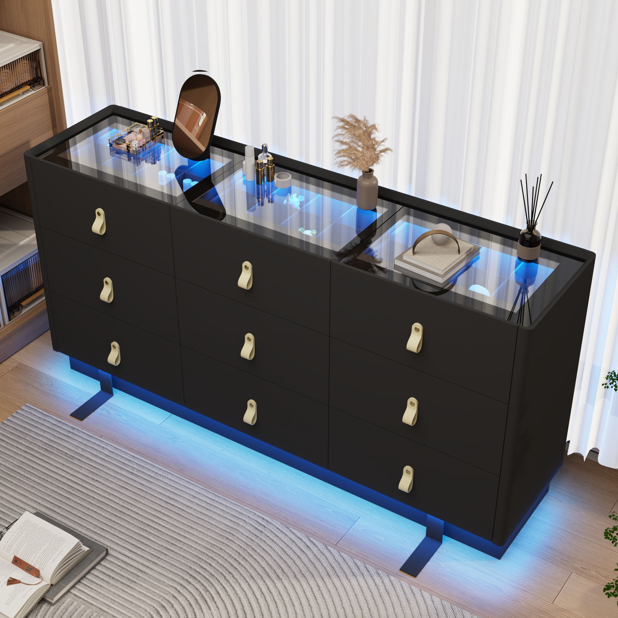 ChVans 63" Large LED Dresser with Glass Top, Jewelry Closet Island, 9 Drawer Dresser for Bedroom, Long Modern Chest of Drawers, Wide Drawer Organizer Cabinet