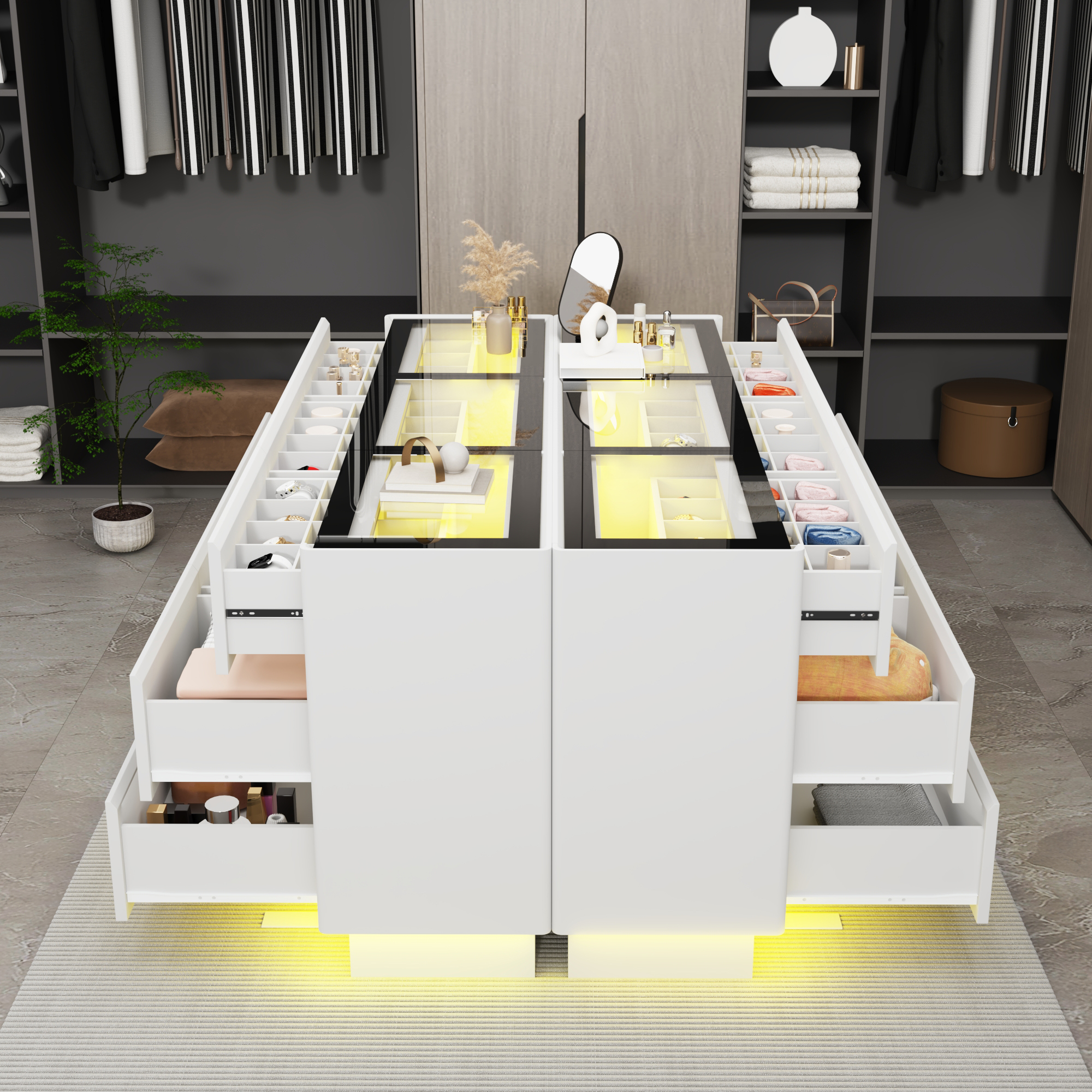 ChVans 63" Large LED Dresser with Glass Top, Jewelry Closet Island, 9 Drawer Dresser for Bedroom, Long Modern Chest of Drawers, Wide Drawer Organizer Cabinet