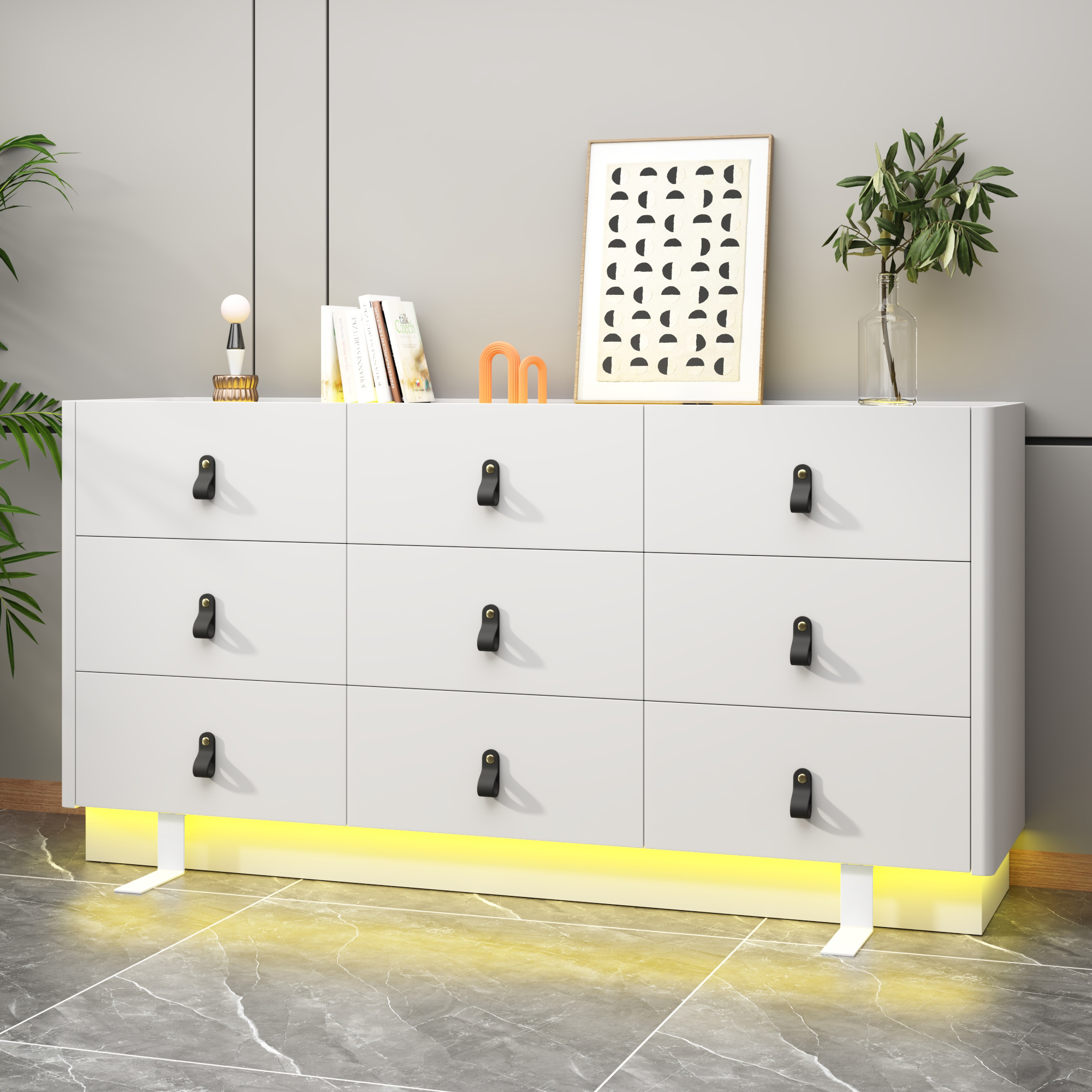 ChVans 63" Large LED Dresser with Glass Top, Jewelry Closet Island, 9 Drawer Dresser for Bedroom, Long Modern Chest of Drawers, Wide Drawer Organizer Cabinet