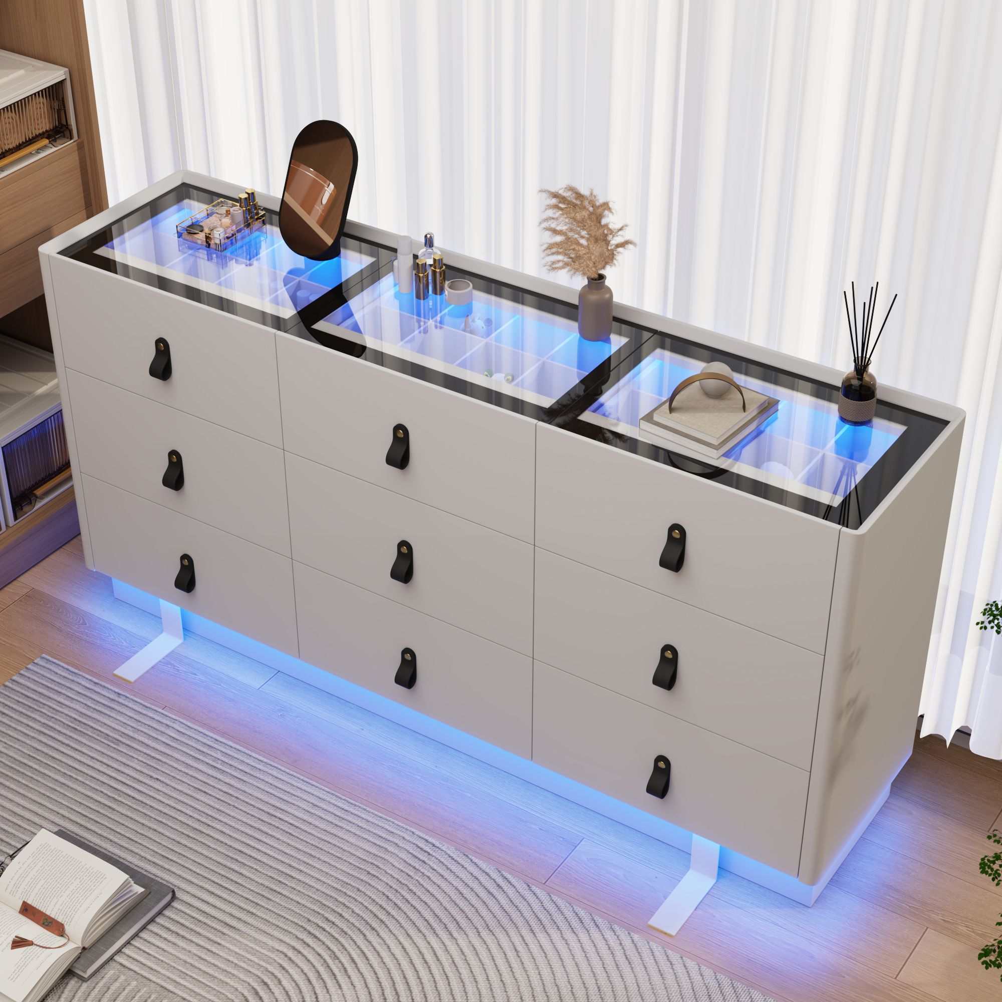 ChVans 63" Large LED Dresser with Glass Top, Jewelry Closet Island, 9 Drawer Dresser for Bedroom, Long Modern Chest of Drawers, Wide Drawer Organizer Cabinet