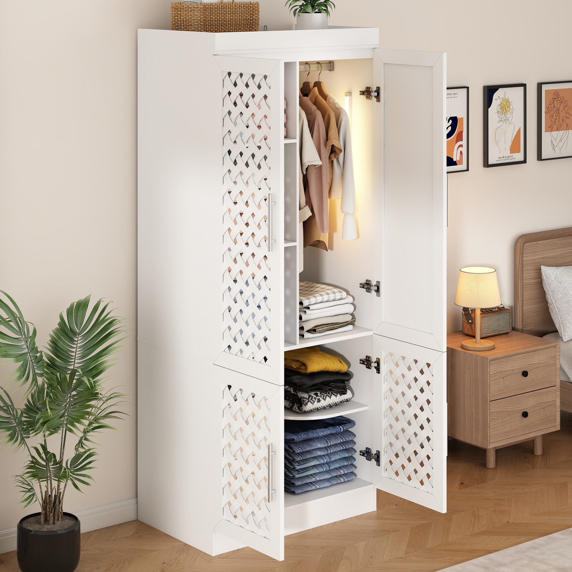 ChVans Armoire Wardrobe Closet with 3 Woven Doors & Sensor Light, 75.6''H Armoire Storage Cabinet with Mirror, Cabinet, Hanging Rod, Freestanding Wooden Closet for Bedroom