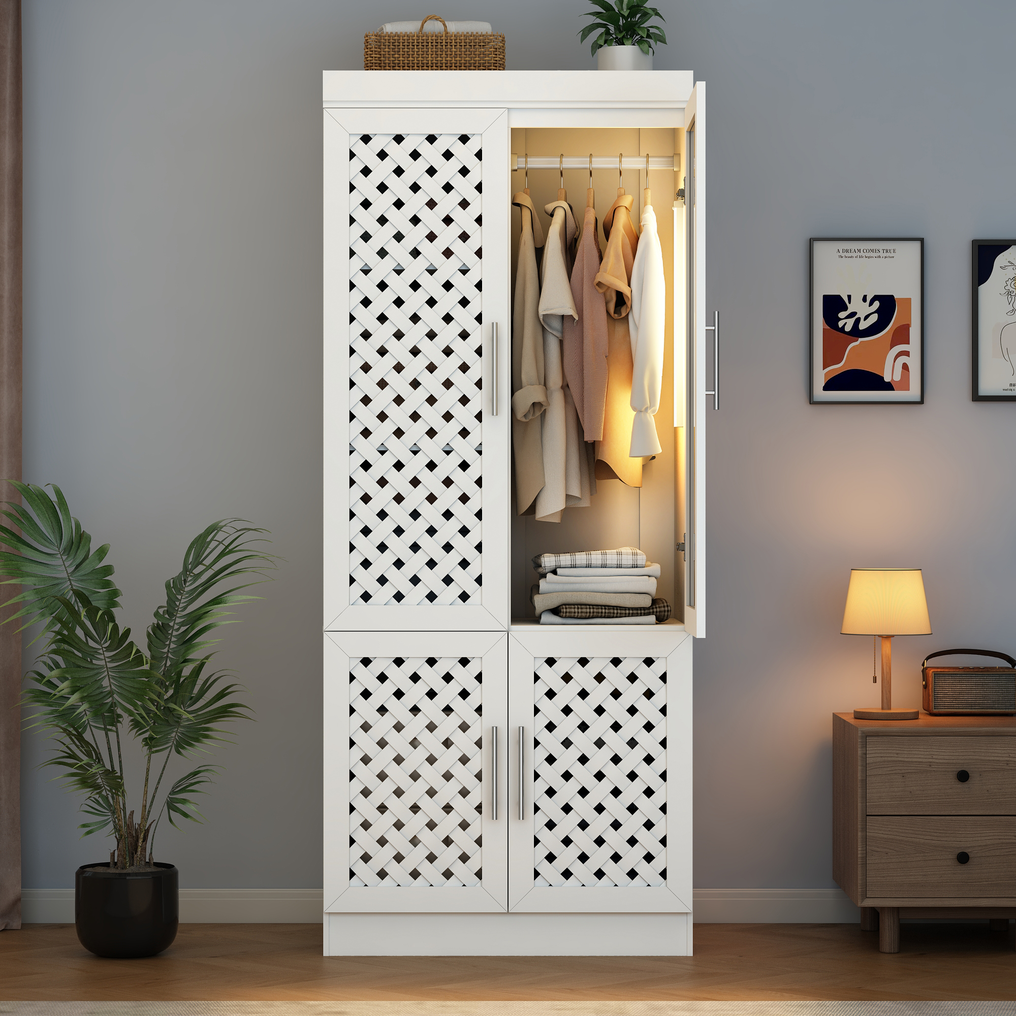 ChVans Armoire Wardrobe Closet with 3 Woven Doors & Sensor Light, 75.6''H Armoire Storage Cabinet with Mirror, Cabinet, Hanging Rod, Freestanding Wooden Closet for Bedroom
