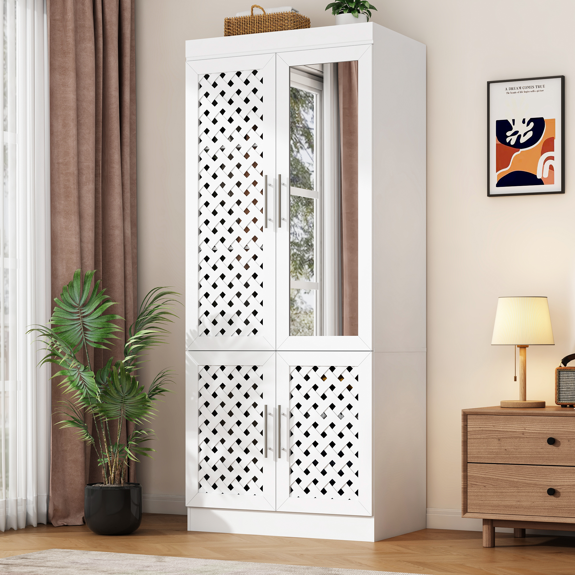 ChVans Armoire Wardrobe Closet with 3 Woven Doors & Sensor Light, 75.6''H Armoire Storage Cabinet with Mirror, Cabinet, Hanging Rod, Freestanding Wooden Closet for Bedroom