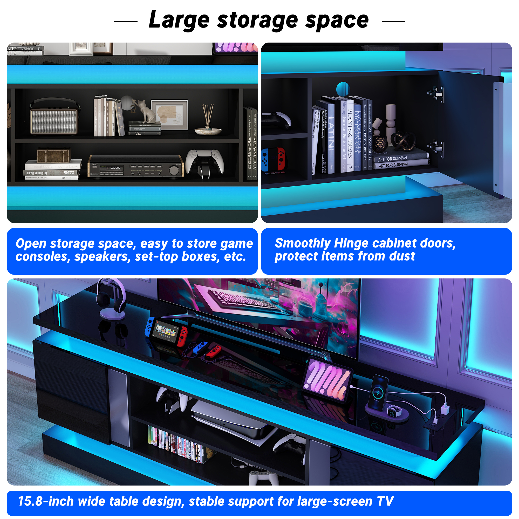 ChVans 71" LED TV Stand for TVs up to 85" with Power Outlets, High Gloss Surface, 2 Storage Cabinet, Modern Style, TV Media Console with Storage
