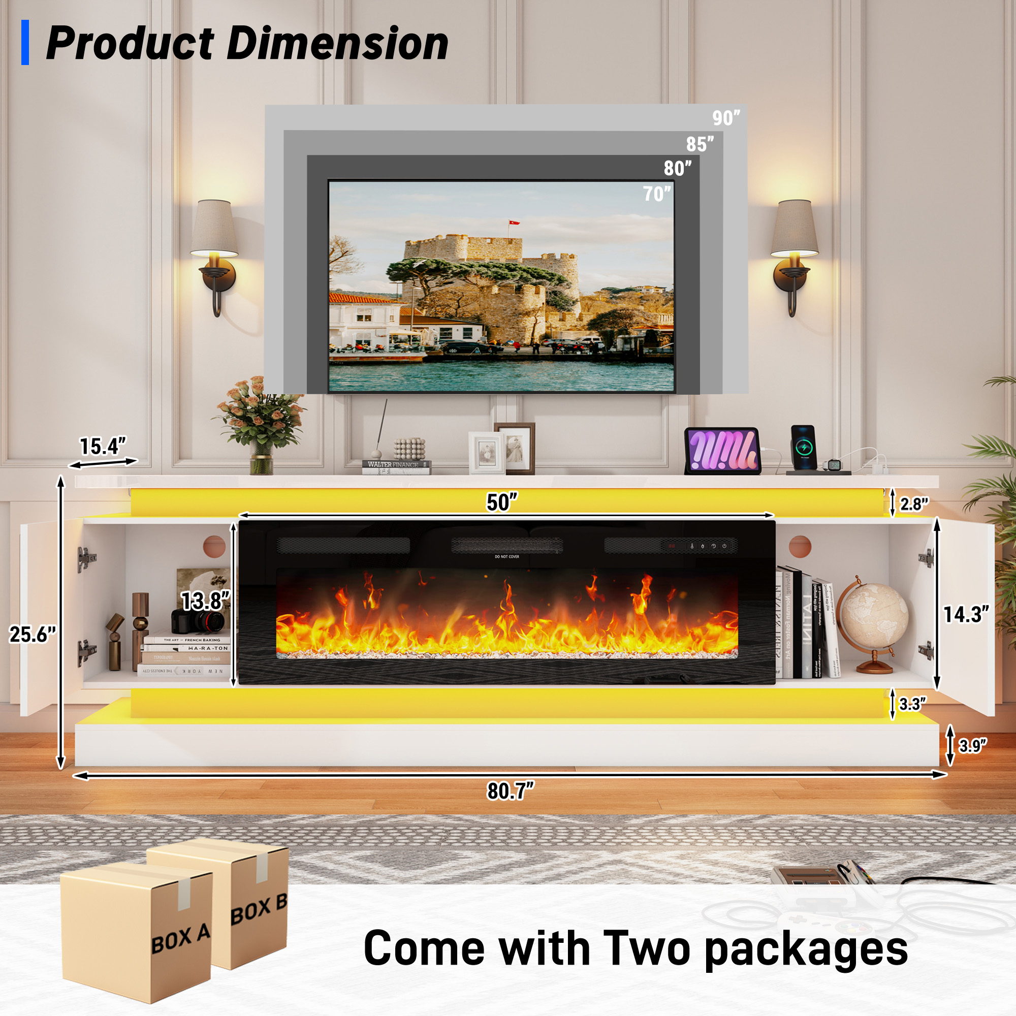 ChVans Fireplace TV Stand for 95" TV, 81" LED TV Stand with 50" Electric Fireplace & Power Outlet, High Gloss Surface, 2 Storage Cabinet, Modern Style, Black