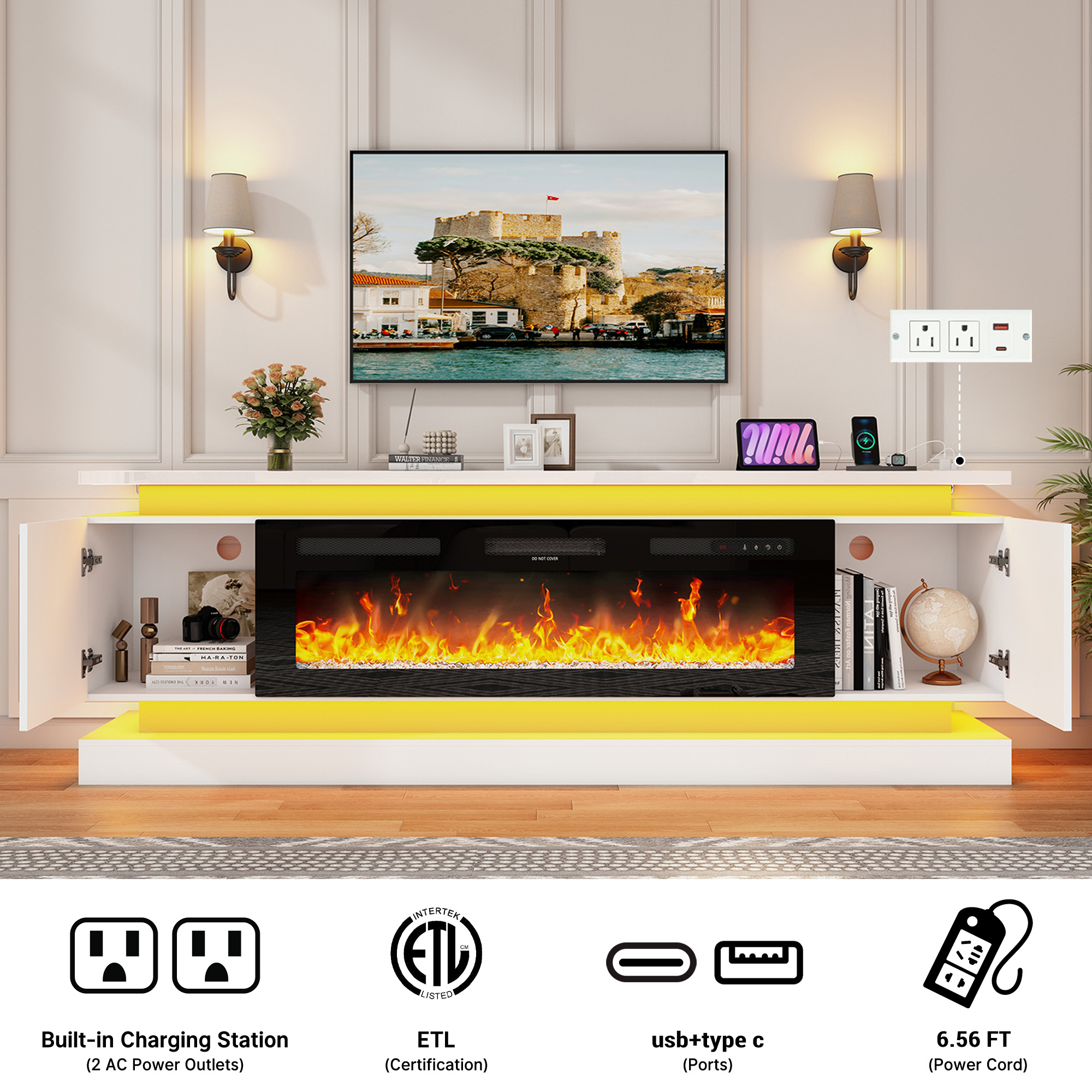 ChVans Fireplace TV Stand for 95" TV, 81" LED TV Stand with 50" Electric Fireplace & Power Outlet, High Gloss Surface, 2 Storage Cabinet, Modern Style, Black