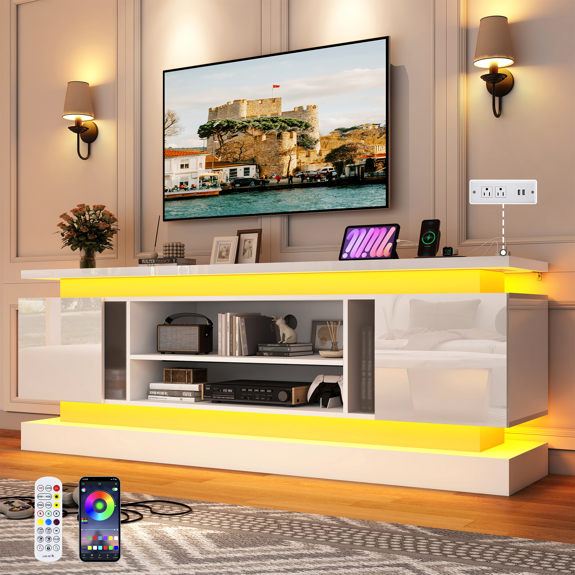 ChVans 71" LED TV Stand for TVs up to 85" with Power Outlets, High Gloss Surface, 2 Storage Cabinet, Modern Style, TV Media Console with Storage