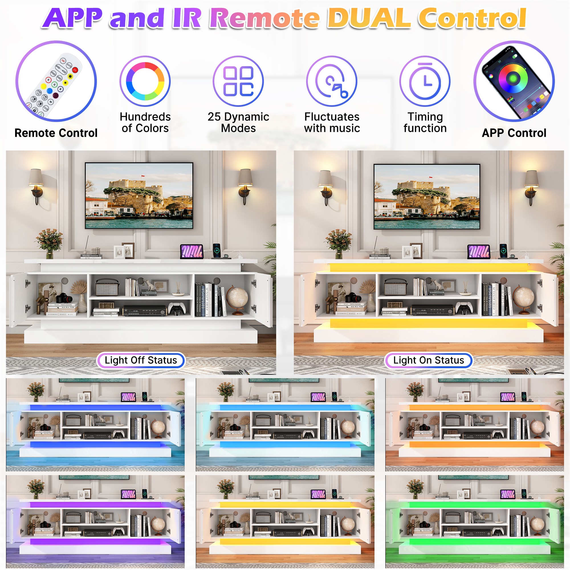 ChVans 71" LED TV Stand for TVs up to 85" with Power Outlets, High Gloss Surface, 2 Storage Cabinet, Modern Style, TV Media Console with Storage