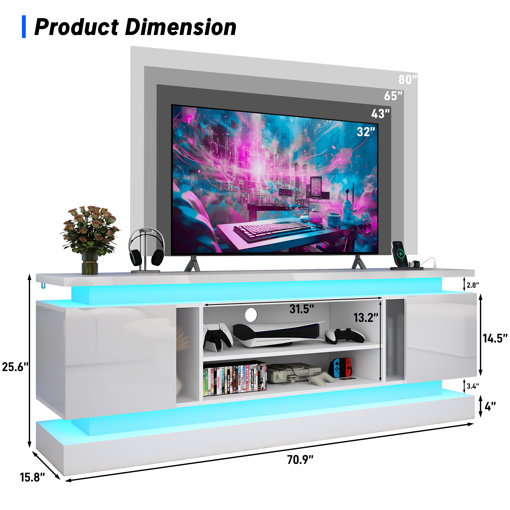 ChVans 71" LED TV Stand for TVs up to 85" with Power Outlets, High Gloss Surface, 2 Storage Cabinet, Modern Style, TV Media Console with Storage
