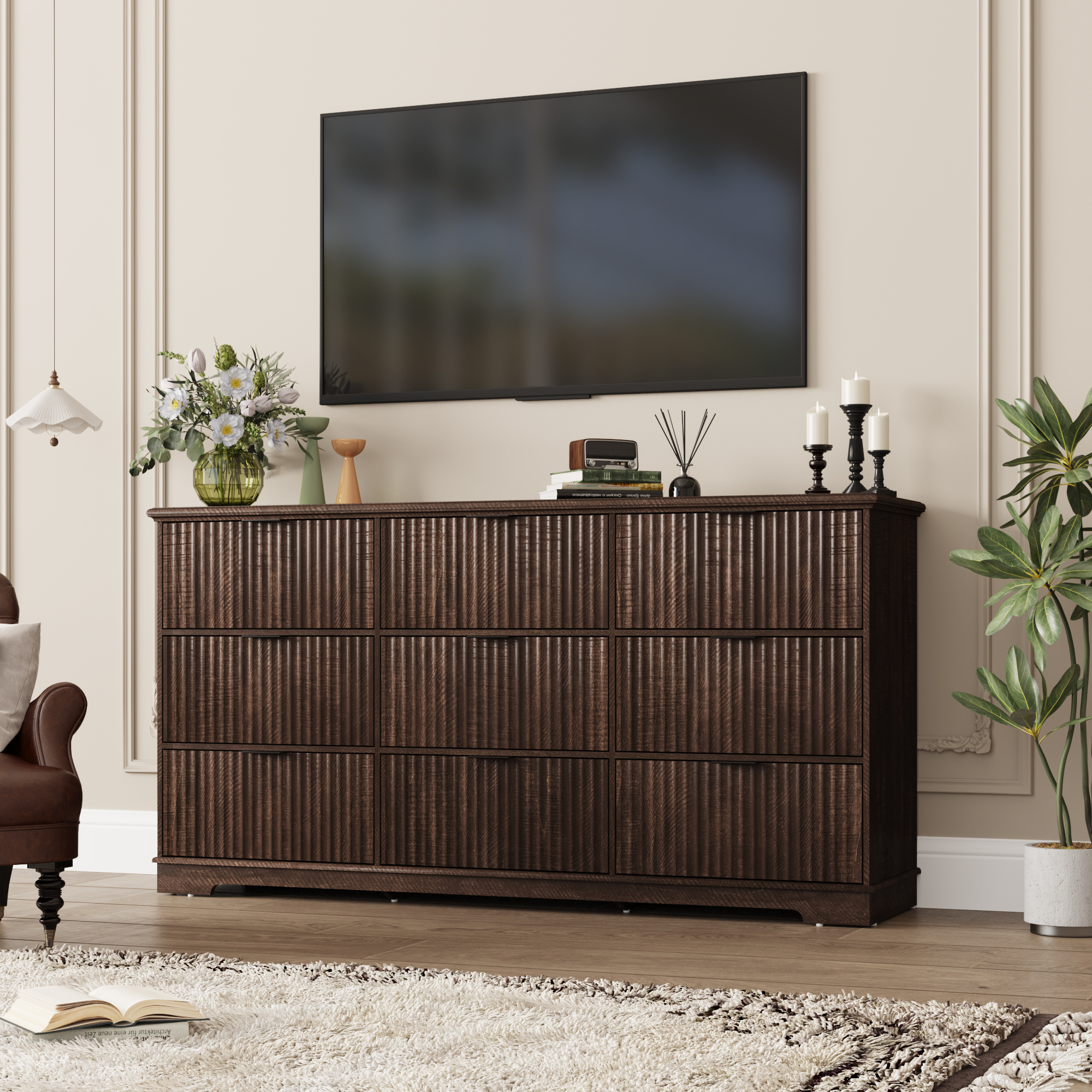 ChVans Fluted 9 Drawer Dressers with Power Outlet for Bedroom, 63" Wide Farmhouse Chest of Drawer with 9 Big Drawers, Oak Closet Dressers for Bedroom, Living Room