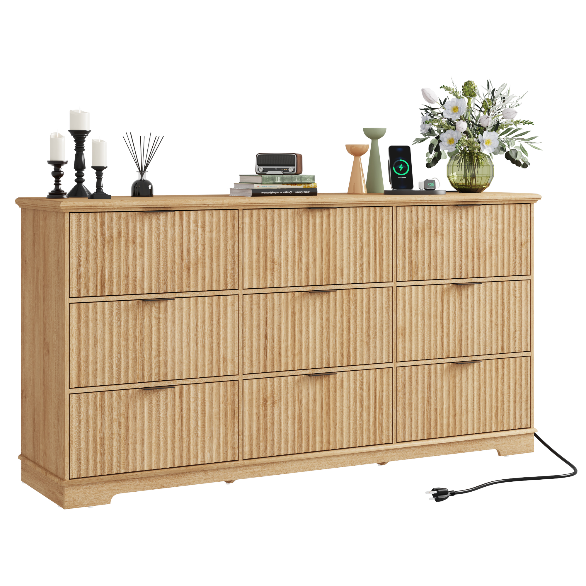 ChVans Fluted 9 Drawer Dressers with Power Outlet for Bedroom, 63" Wide Farmhouse Chest of Drawer with 9 Big Drawers, Oak Closet Dressers for Bedroom, Living Room