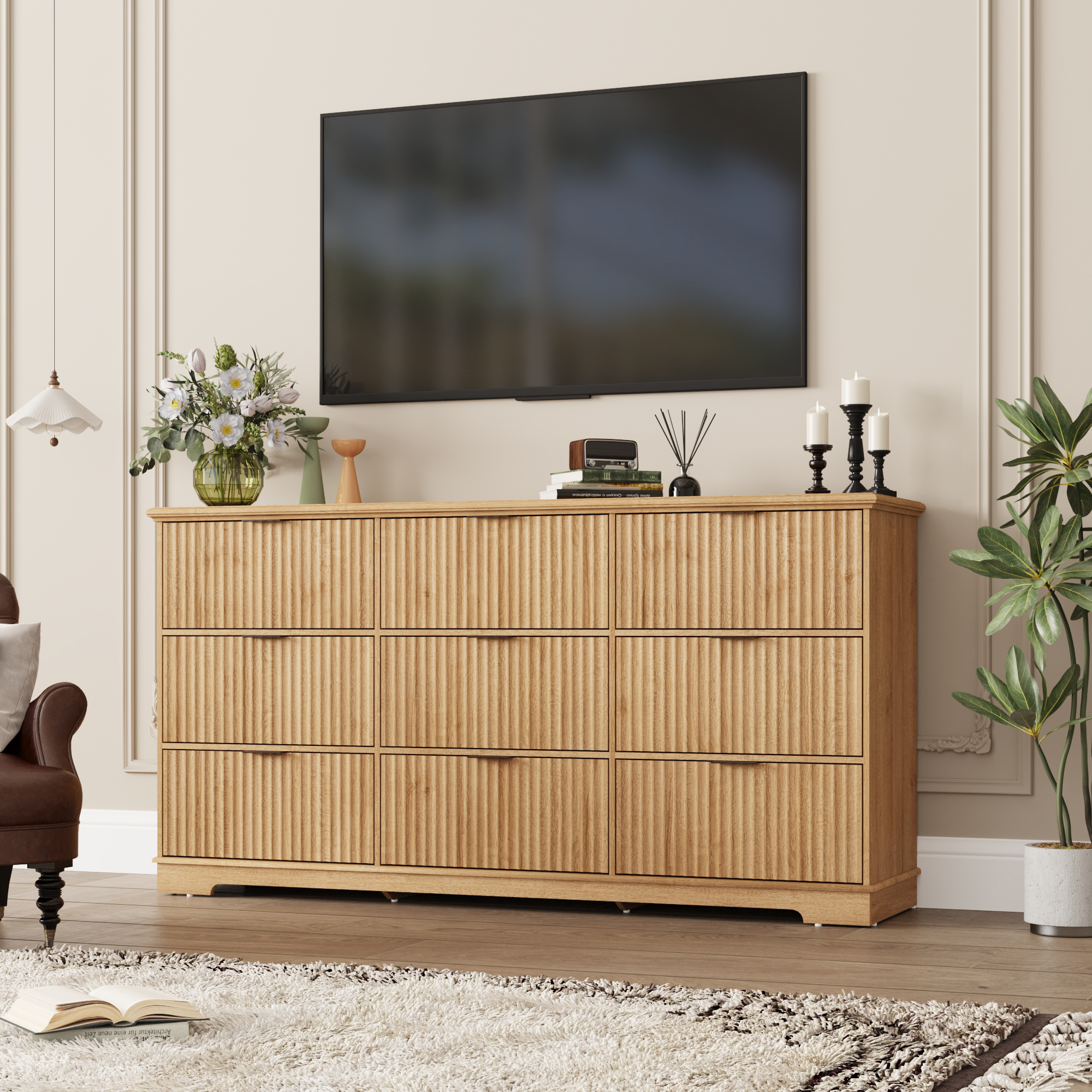 ChVans Fluted 9 Drawer Dressers with Power Outlet for Bedroom, 63" Wide Farmhouse Chest of Drawer with 9 Big Drawers, Oak Closet Dressers for Bedroom, Living Room