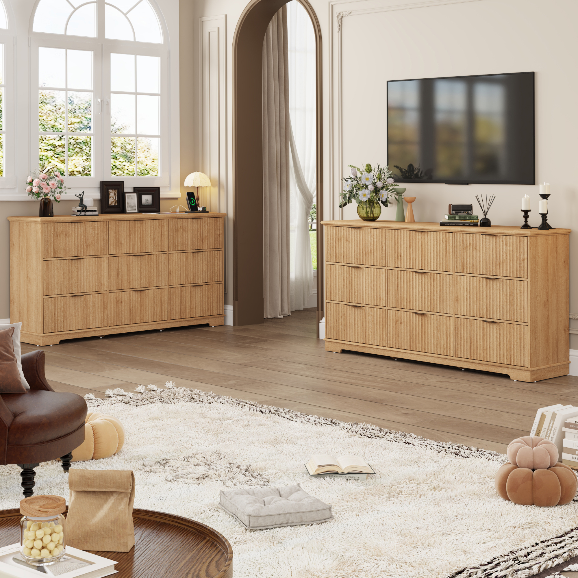 ChVans Fluted 9 Drawer Dressers with Power Outlet for Bedroom, 63" Wide Farmhouse Chest of Drawer with 9 Big Drawers, Oak Closet Dressers for Bedroom, Living Room