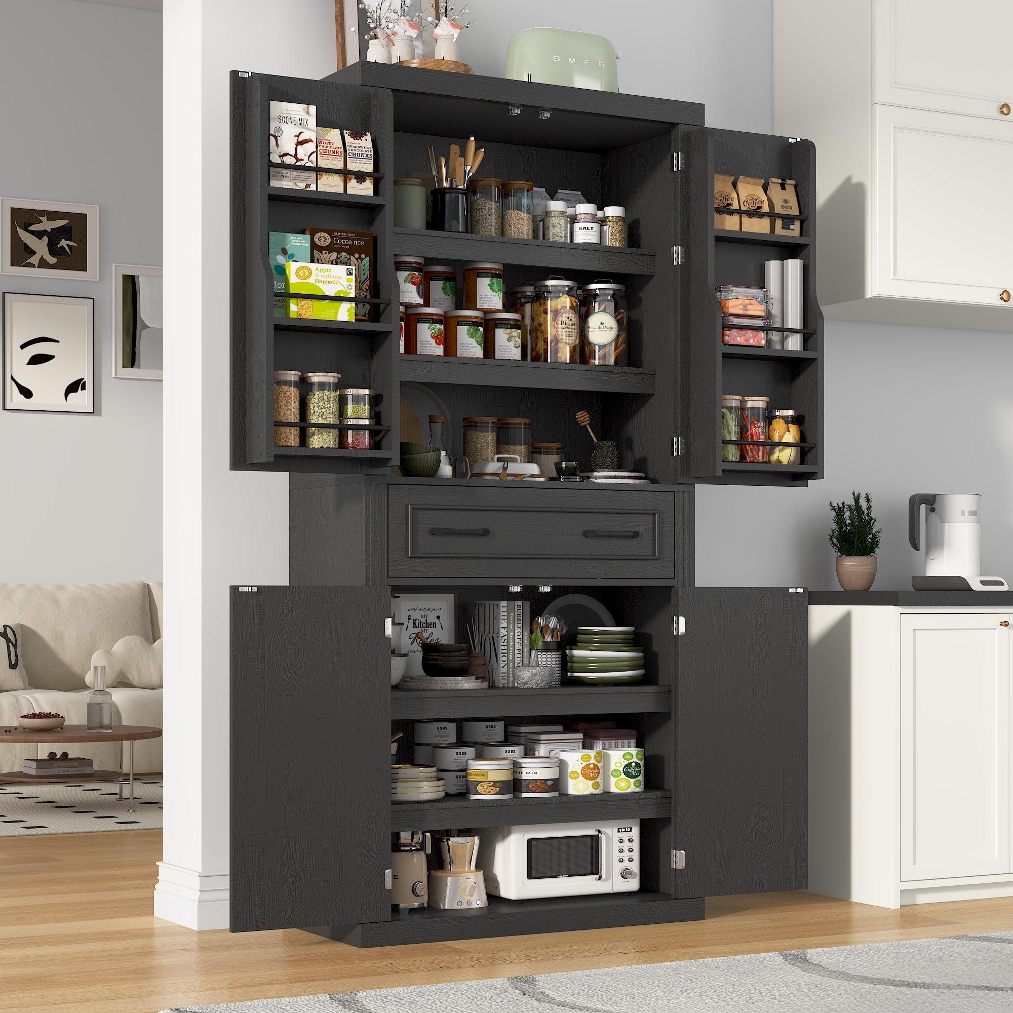 ChVans 72" Tall Kitchen Pantry, Farmhouse Storage Cabinet with Barn Doors, Organizer, Drawer and Adjustable Shelves, Rustic Wood Cupboard for Kitchen, Dining Room