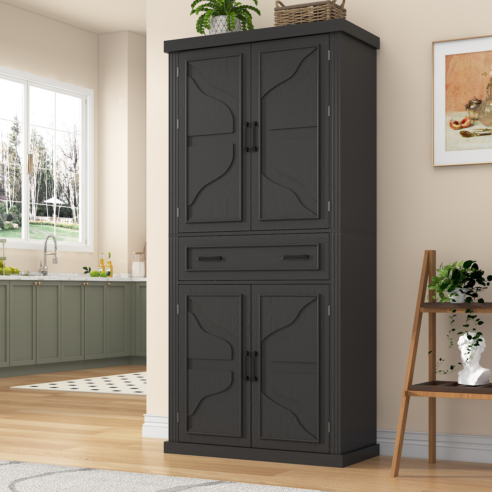 ChVans 72" Tall Kitchen Pantry, Farmhouse Storage Cabinet with Barn Doors, Organizer, Drawer and Adjustable Shelves, Rustic Wood Cupboard for Kitchen, Dining Room