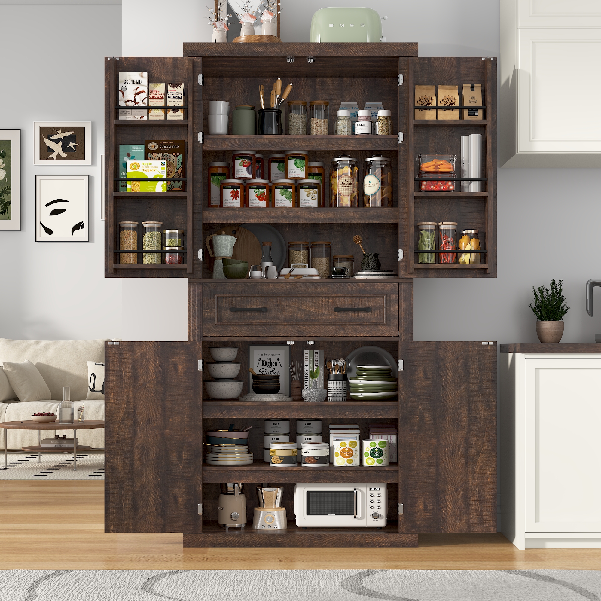ChVans 72" Tall Kitchen Pantry, Farmhouse Storage Cabinet with Barn Doors, Organizer, Drawer and Adjustable Shelves, Rustic Wood Cupboard for Kitchen, Dining Room