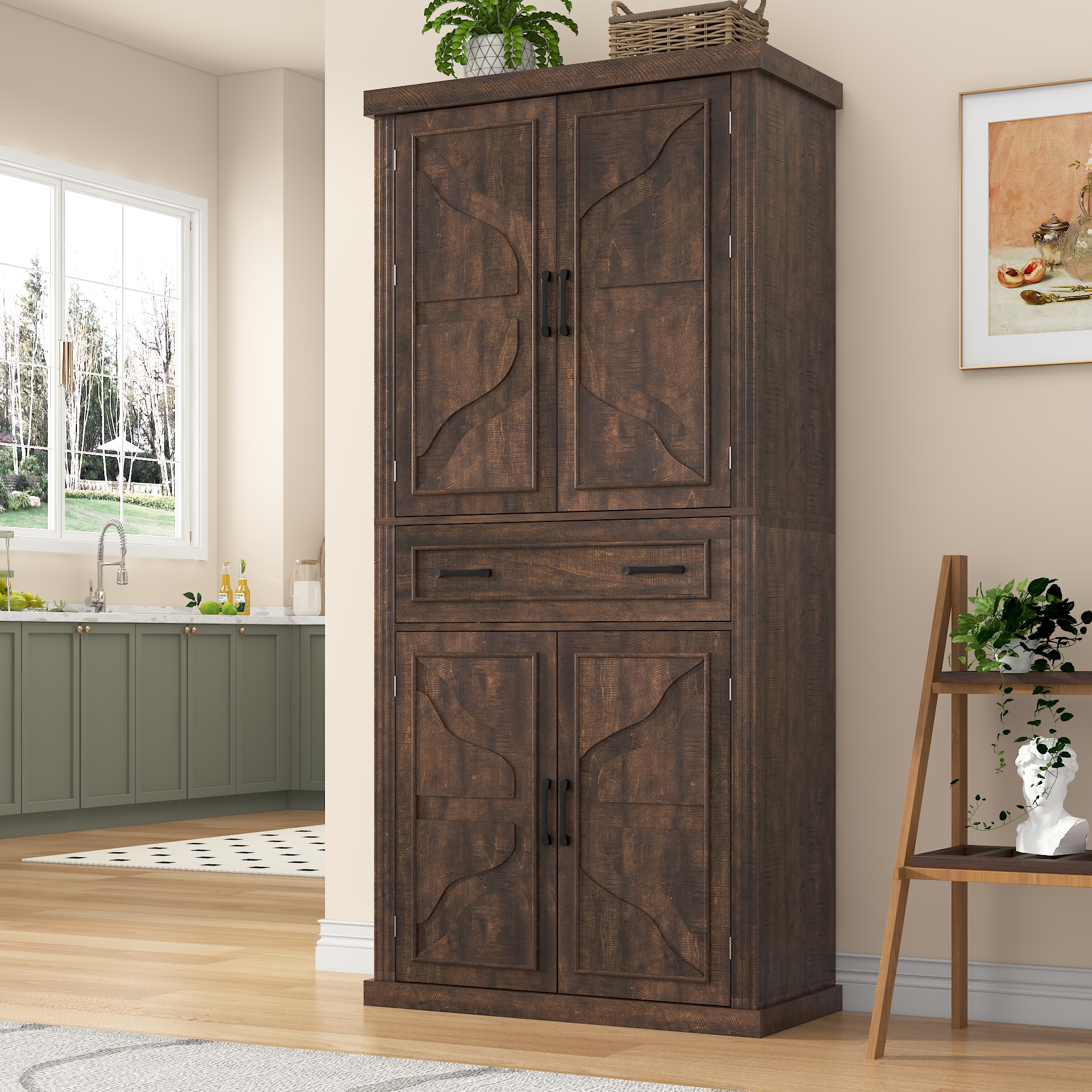 ChVans 72" Tall Kitchen Pantry, Farmhouse Storage Cabinet with Barn Doors, Organizer, Drawer and Adjustable Shelves, Rustic Wood Cupboard for Kitchen, Dining Room