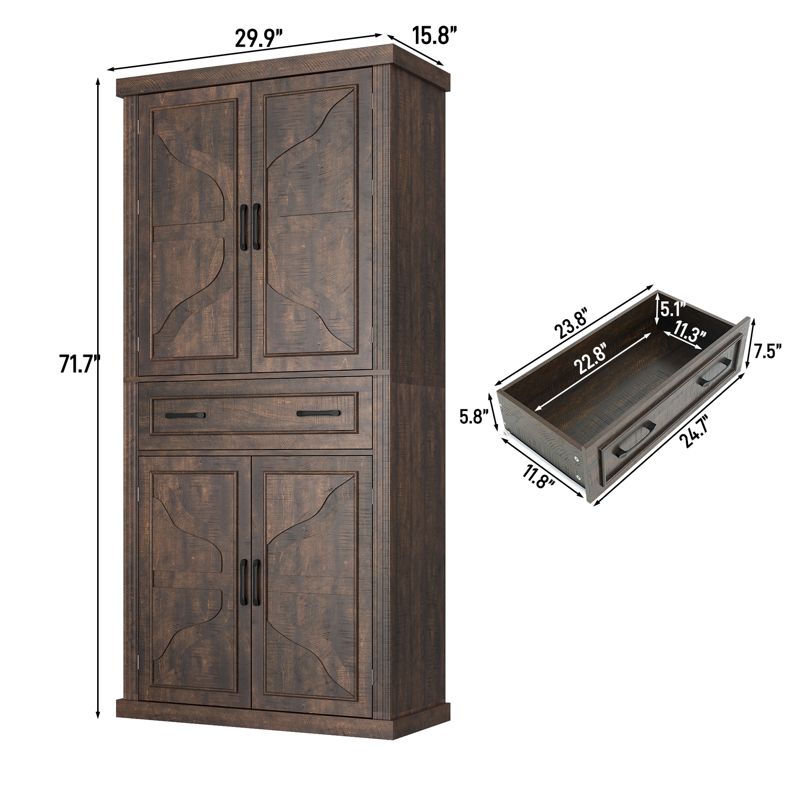 ChVans 72" Tall Kitchen Pantry, Farmhouse Storage Cabinet with Barn Doors, Organizer, Drawer and Adjustable Shelves, Rustic Wood Cupboard for Kitchen, Dining Room