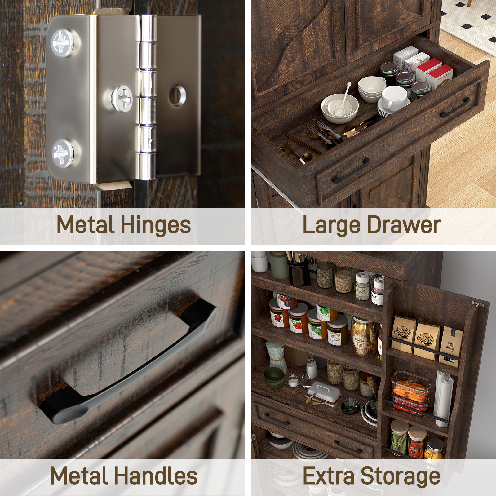 ChVans 72" Tall Kitchen Pantry, Farmhouse Storage Cabinet with Barn Doors, Organizer, Drawer and Adjustable Shelves, Rustic Wood Cupboard for Kitchen, Dining Room