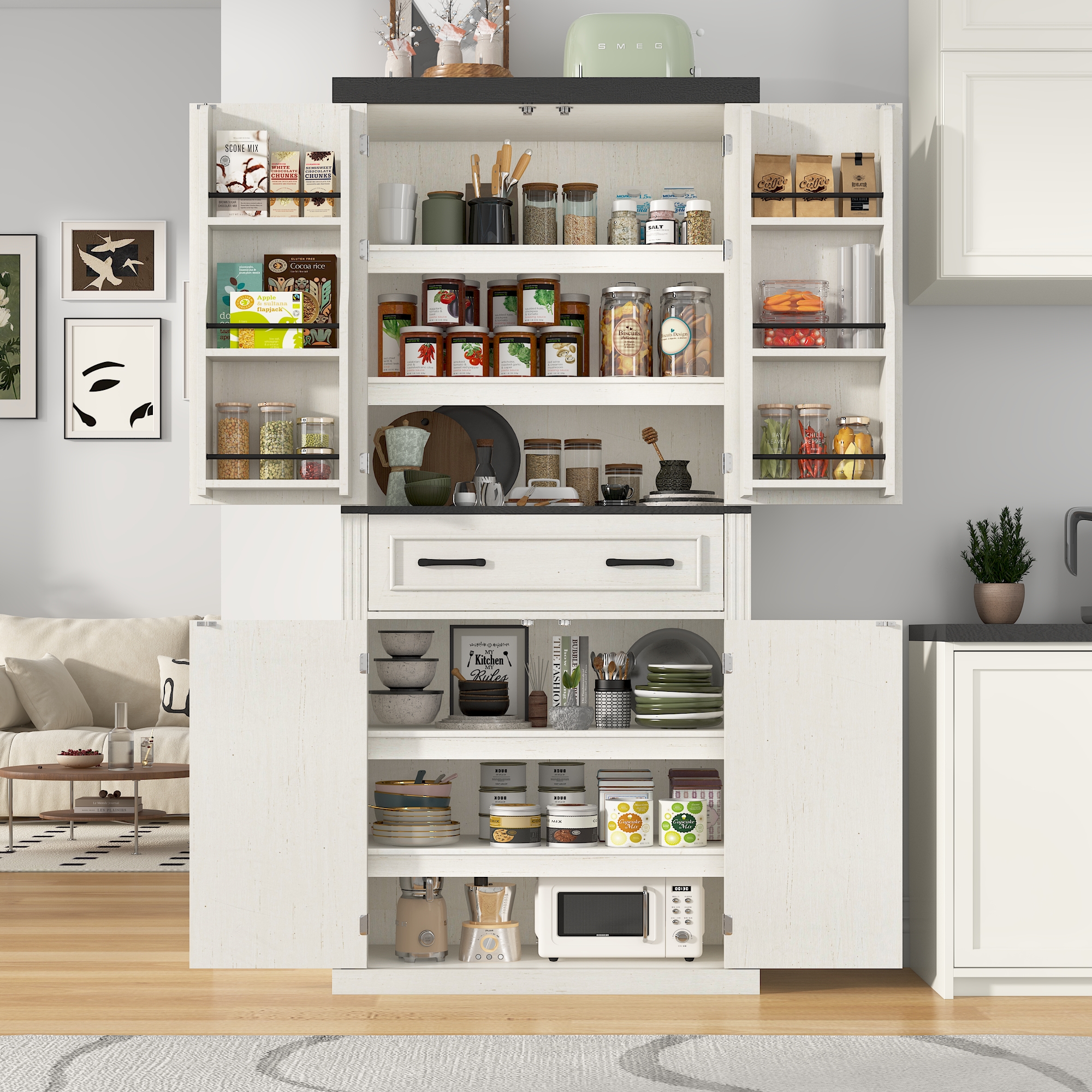 ChVans 72" Tall Kitchen Pantry, Farmhouse Storage Cabinet with Barn Doors, Organizer, Drawer and Adjustable Shelves, Rustic Wood Cupboard for Kitchen, Dining Room