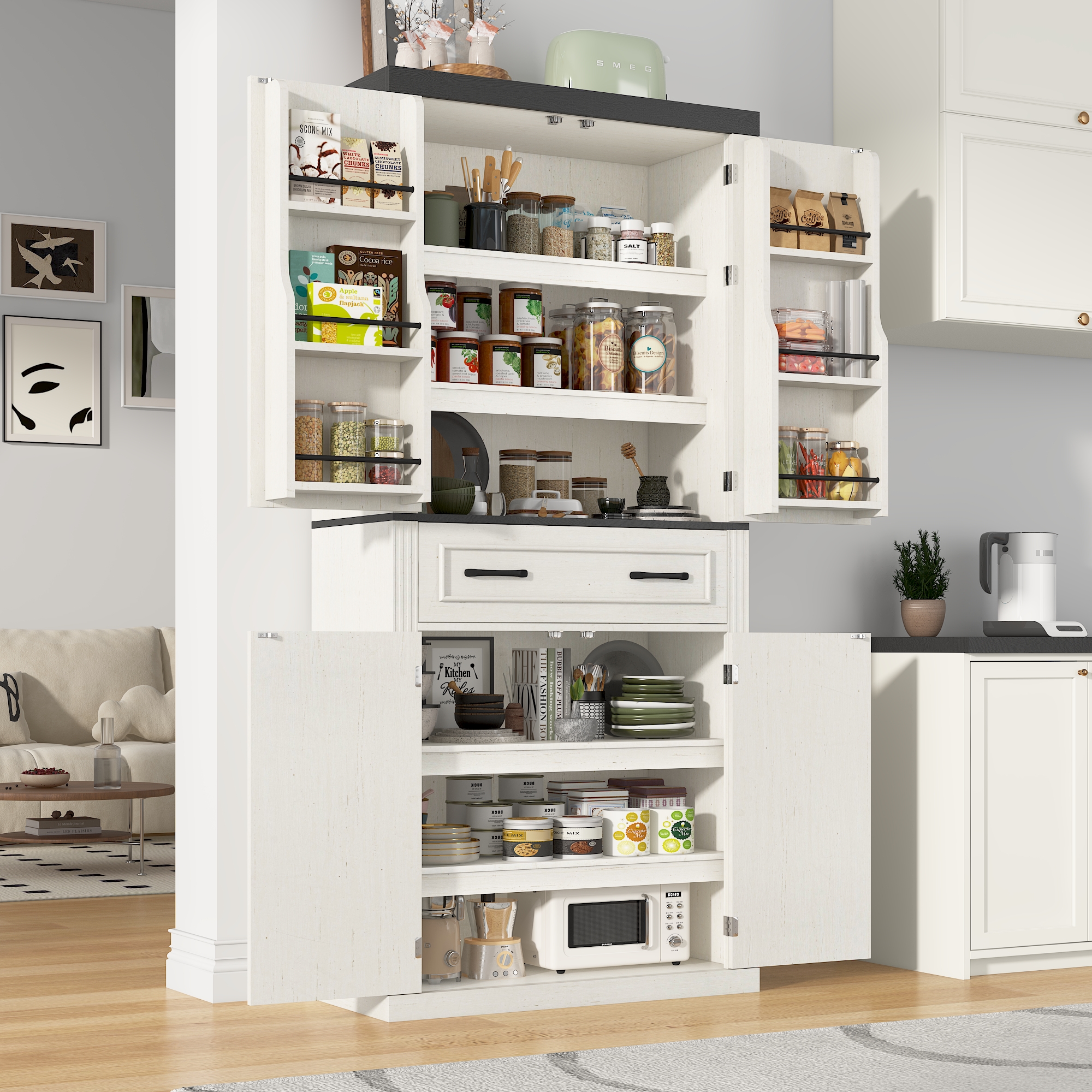 ChVans 72" Tall Kitchen Pantry, Farmhouse Storage Cabinet with Barn Doors, Organizer, Drawer and Adjustable Shelves, Rustic Wood Cupboard for Kitchen, Dining Room